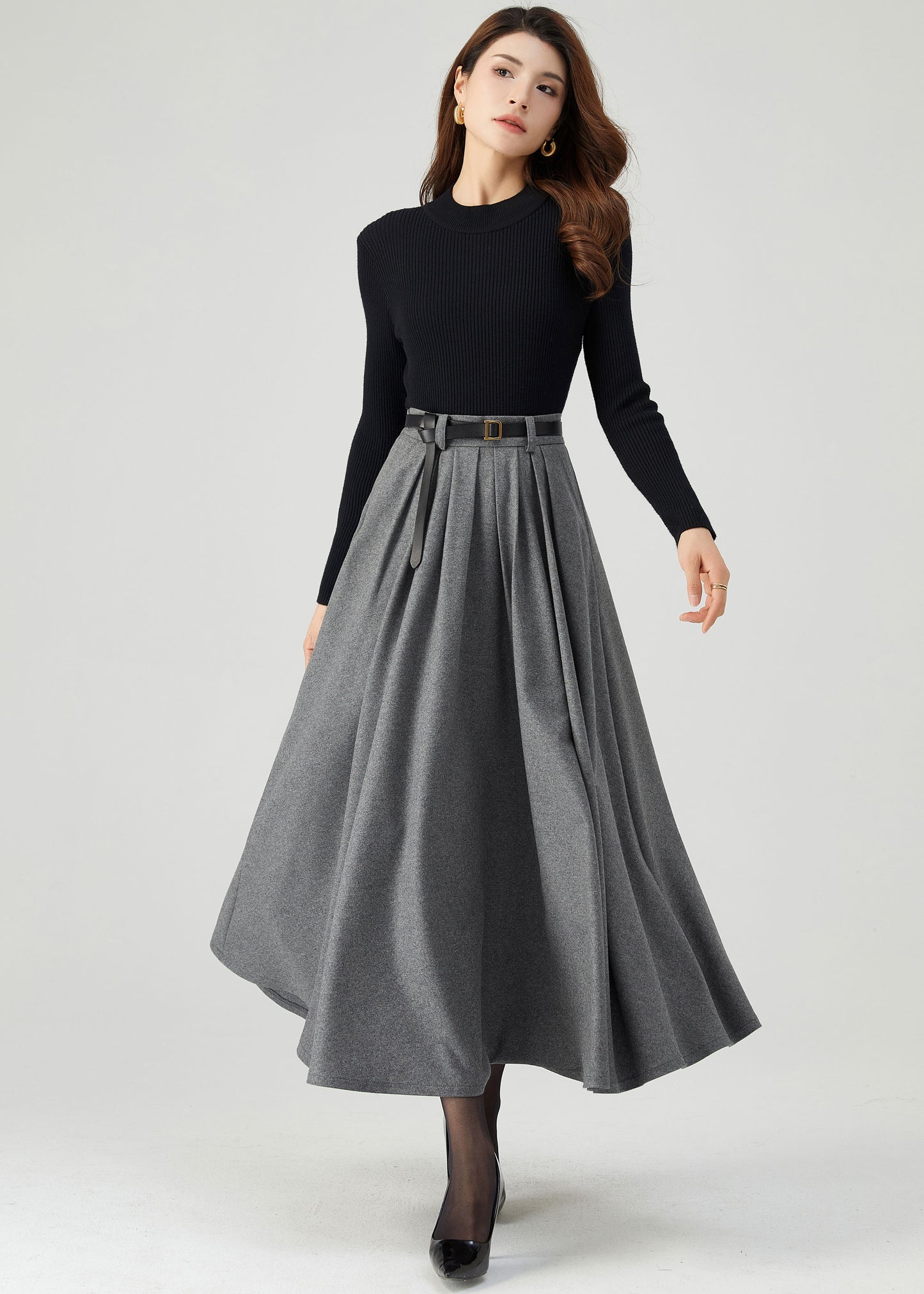 Gray Pleated Long Wool Skirt C5210