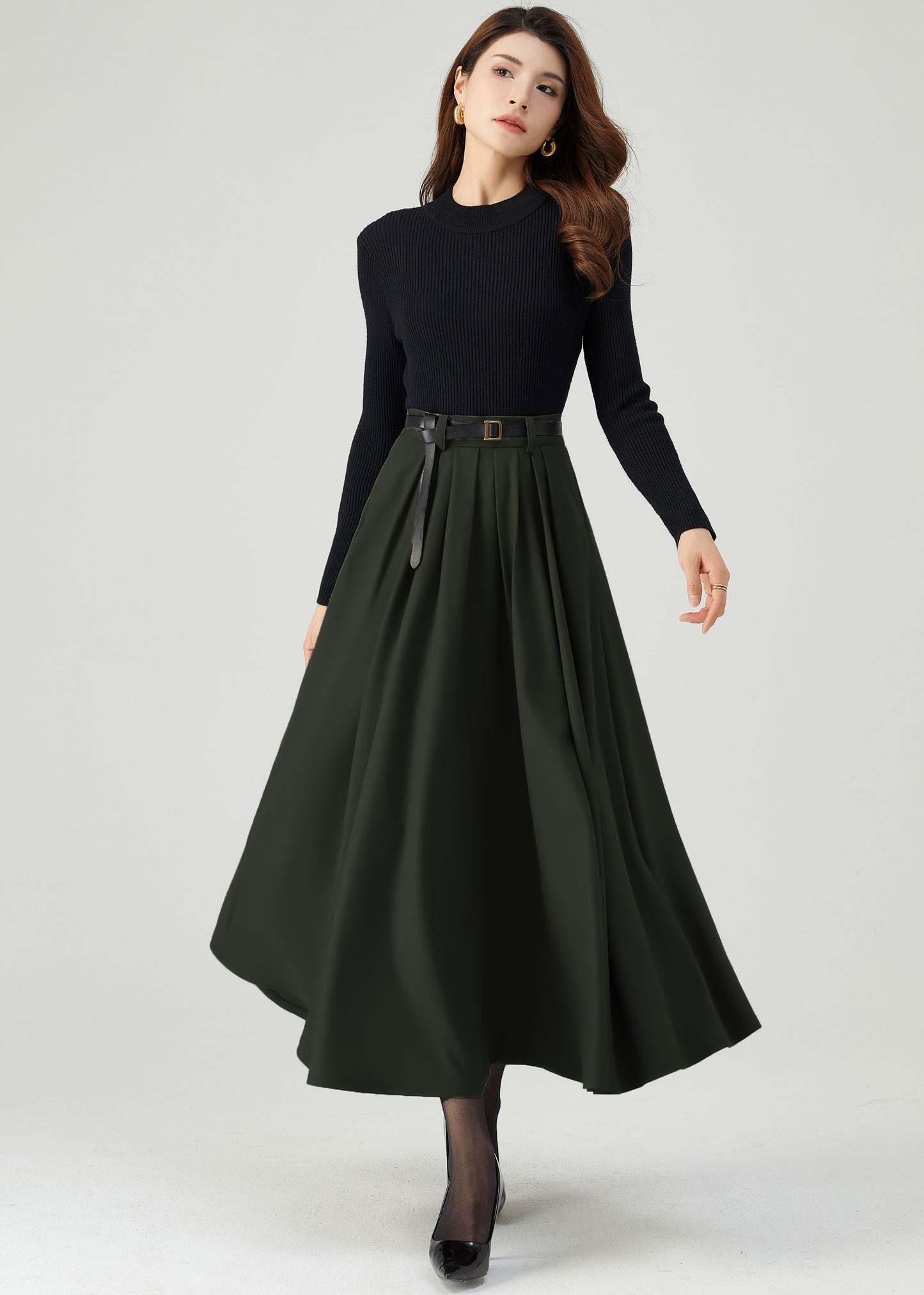 Womens Green Pleated Wool Skirt C4525