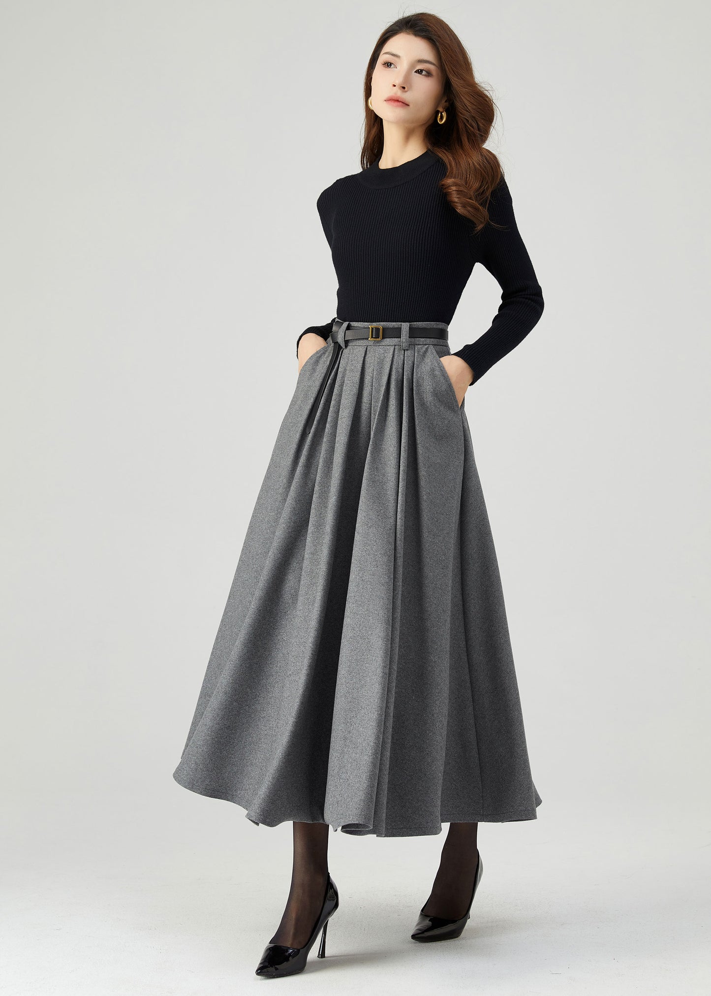 Gray Pleated Long Wool Skirt C5210