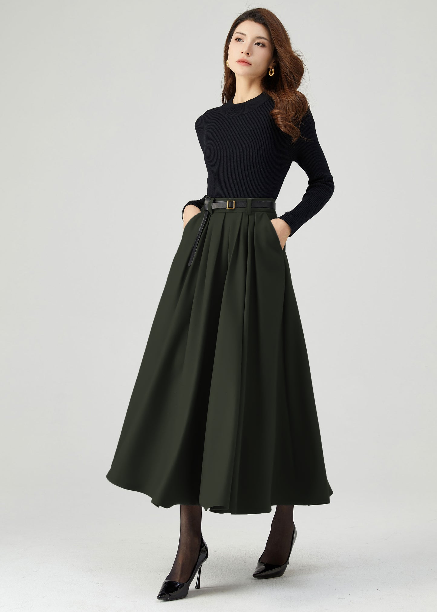 Womens Green Pleated Wool Skirt C4525