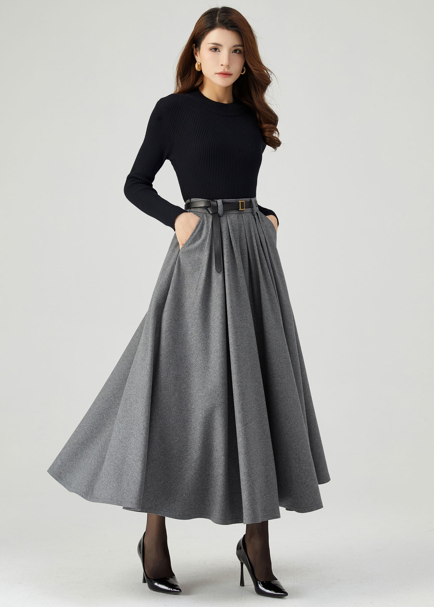 Gray Pleated Long Wool Skirt C5210