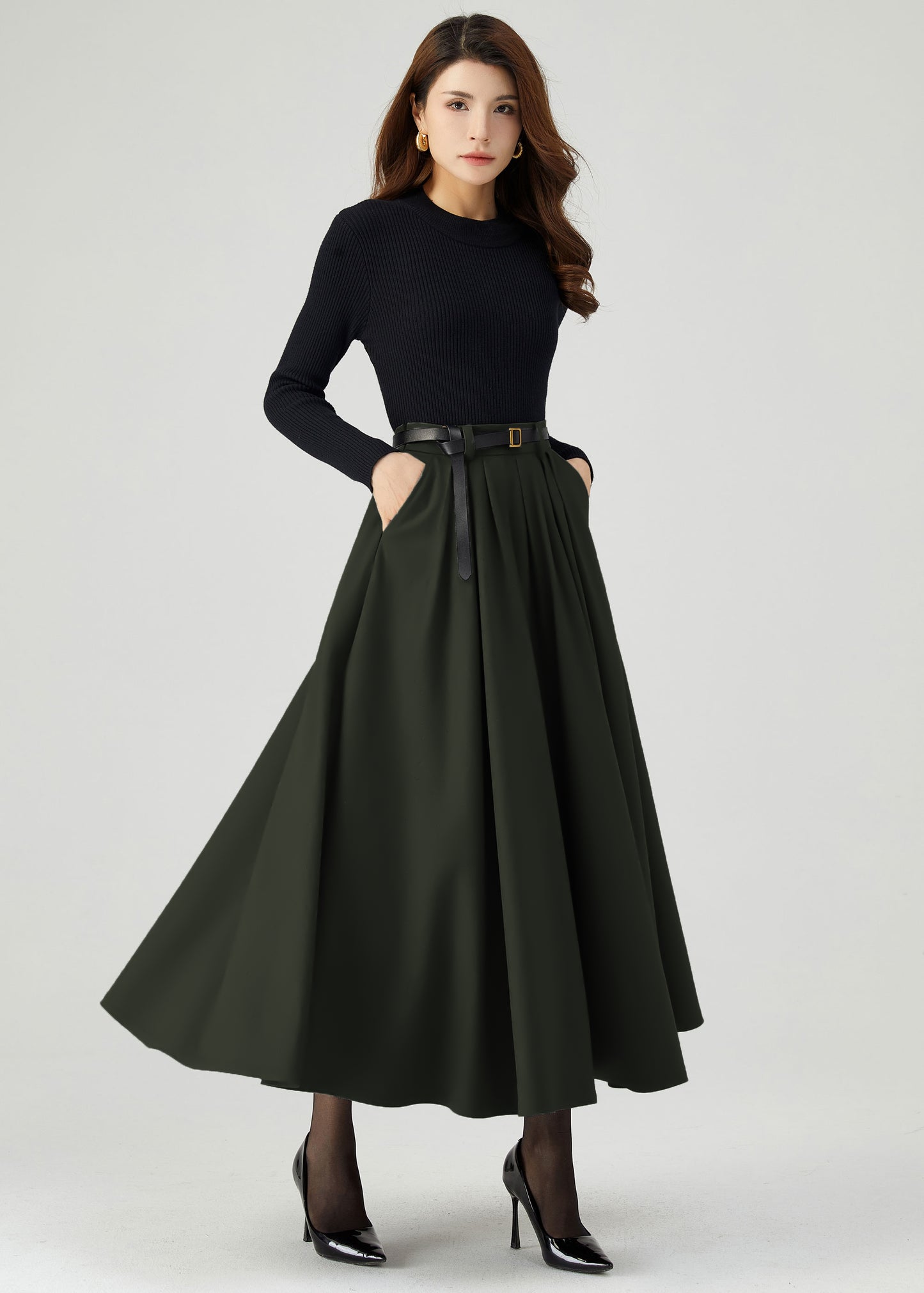 Womens Green Pleated Wool Skirt C4525