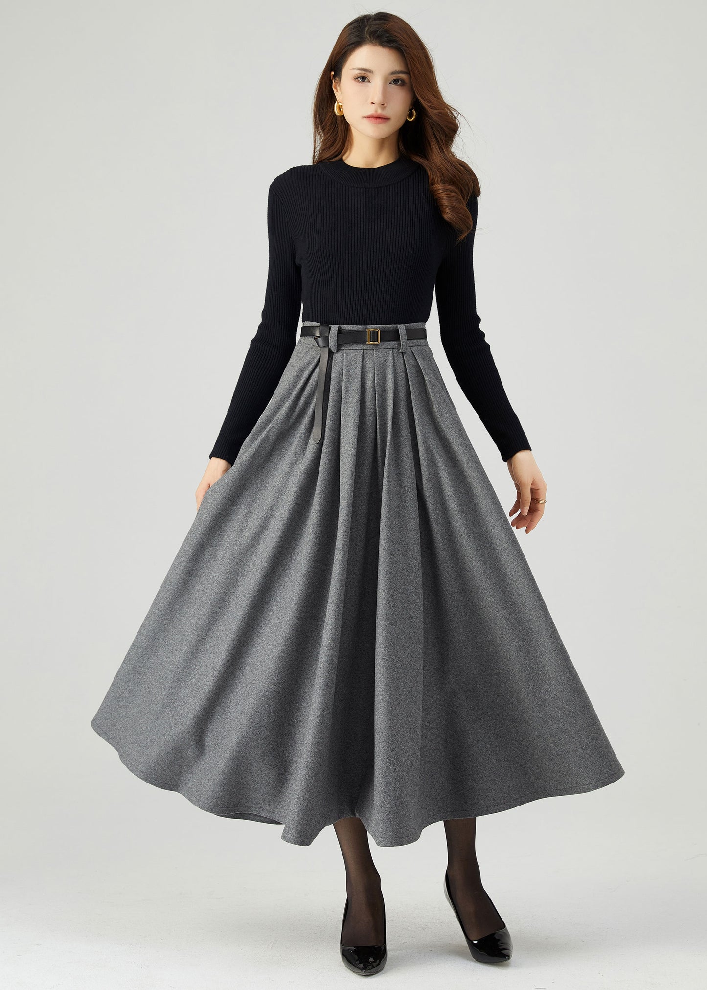 Gray Pleated Long Wool Skirt C5210