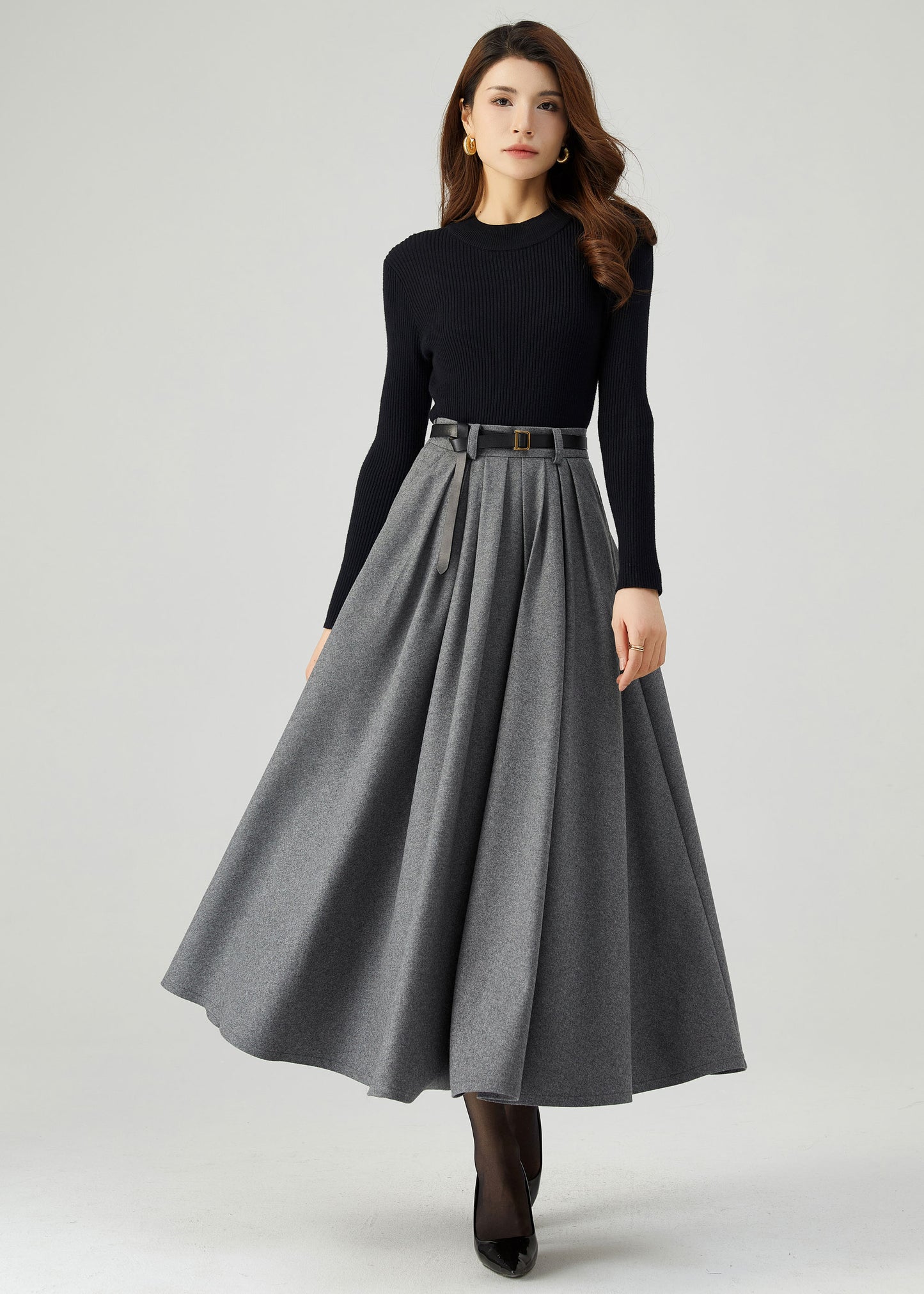Gray Pleated Long Wool Skirt C5210
