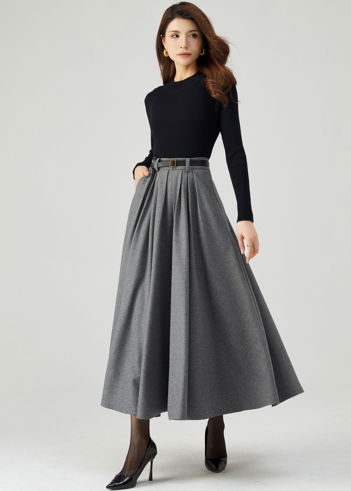 Gray Pleated Long Wool Skirt C5210