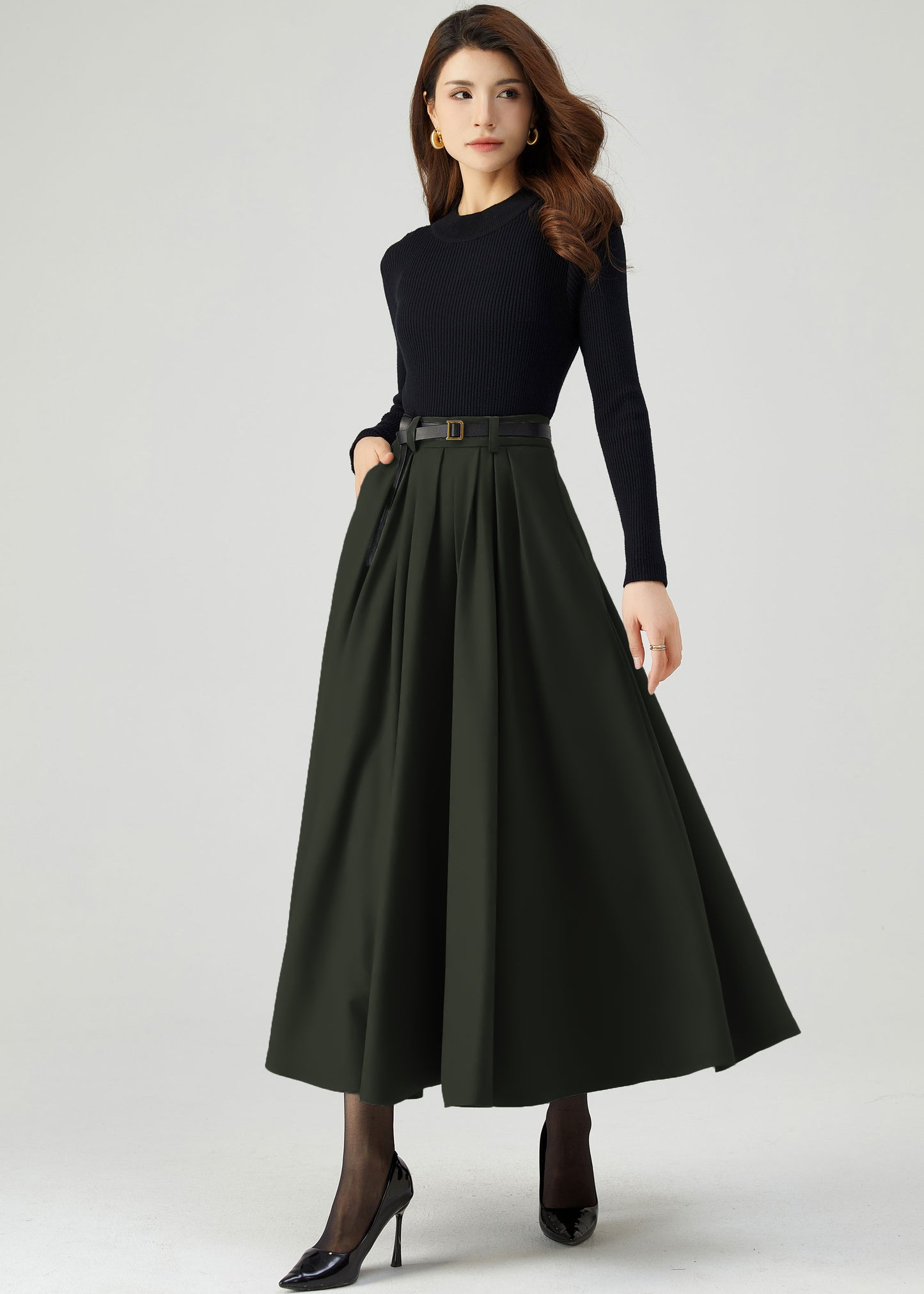 Womens Green Pleated Wool Skirt C4525
