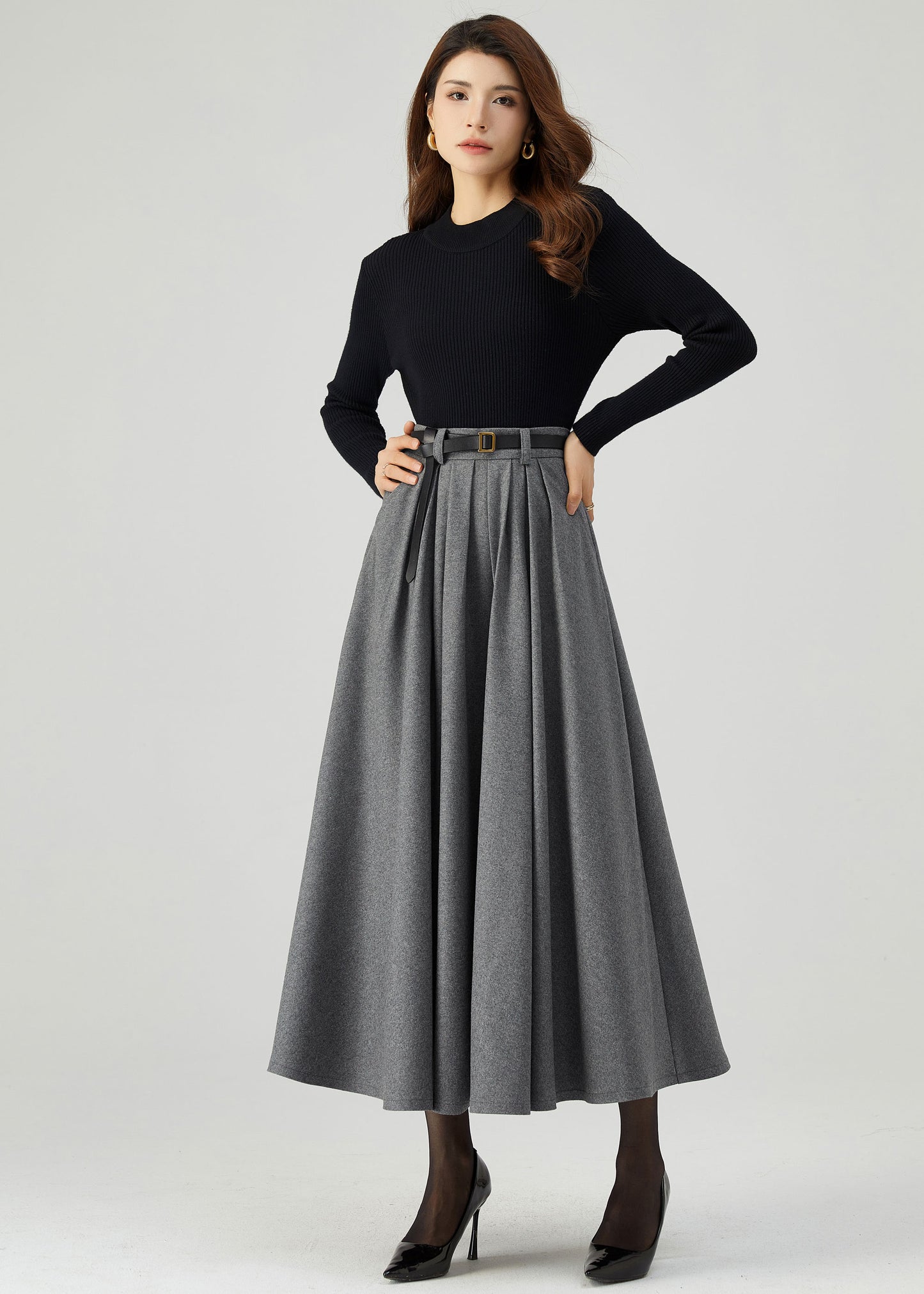 Gray Pleated Long Wool Skirt C5210