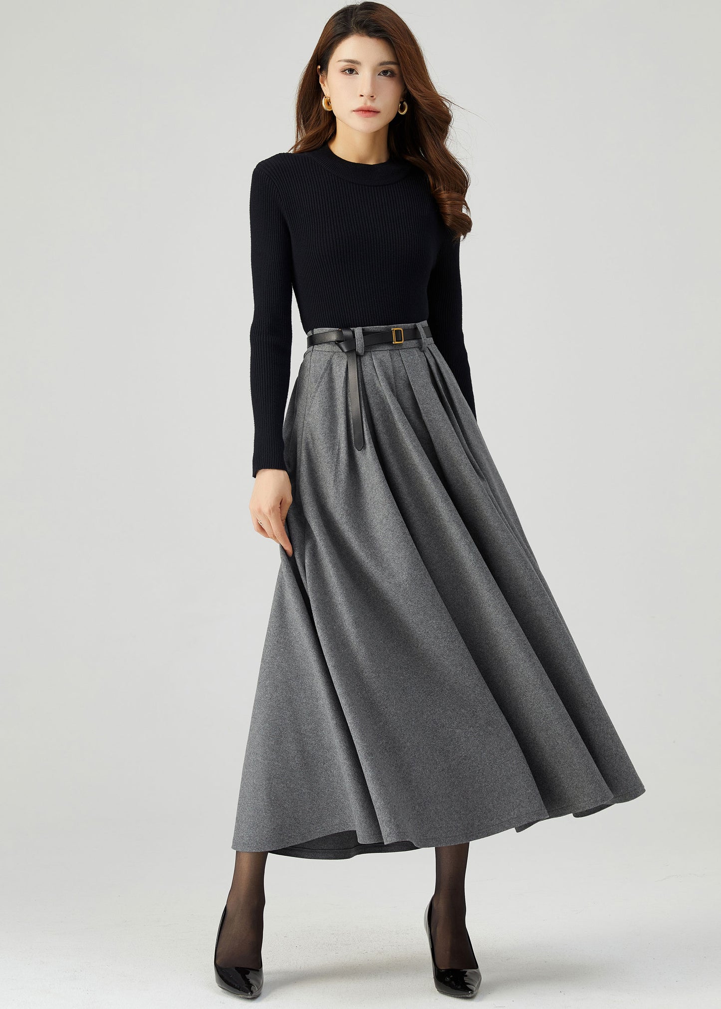 Gray Pleated Long Wool Skirt C5210