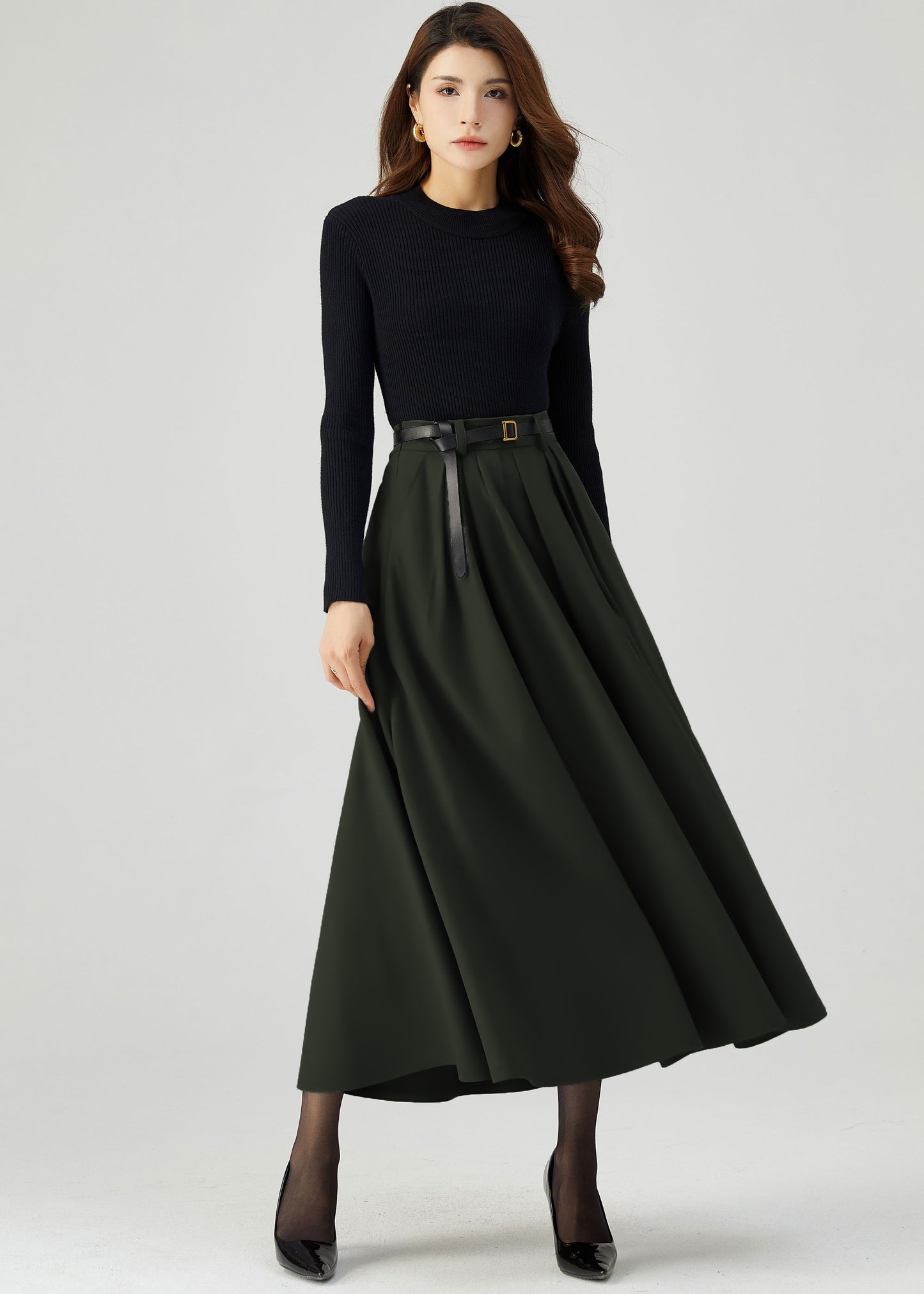 Womens Green Pleated Wool Skirt C4525