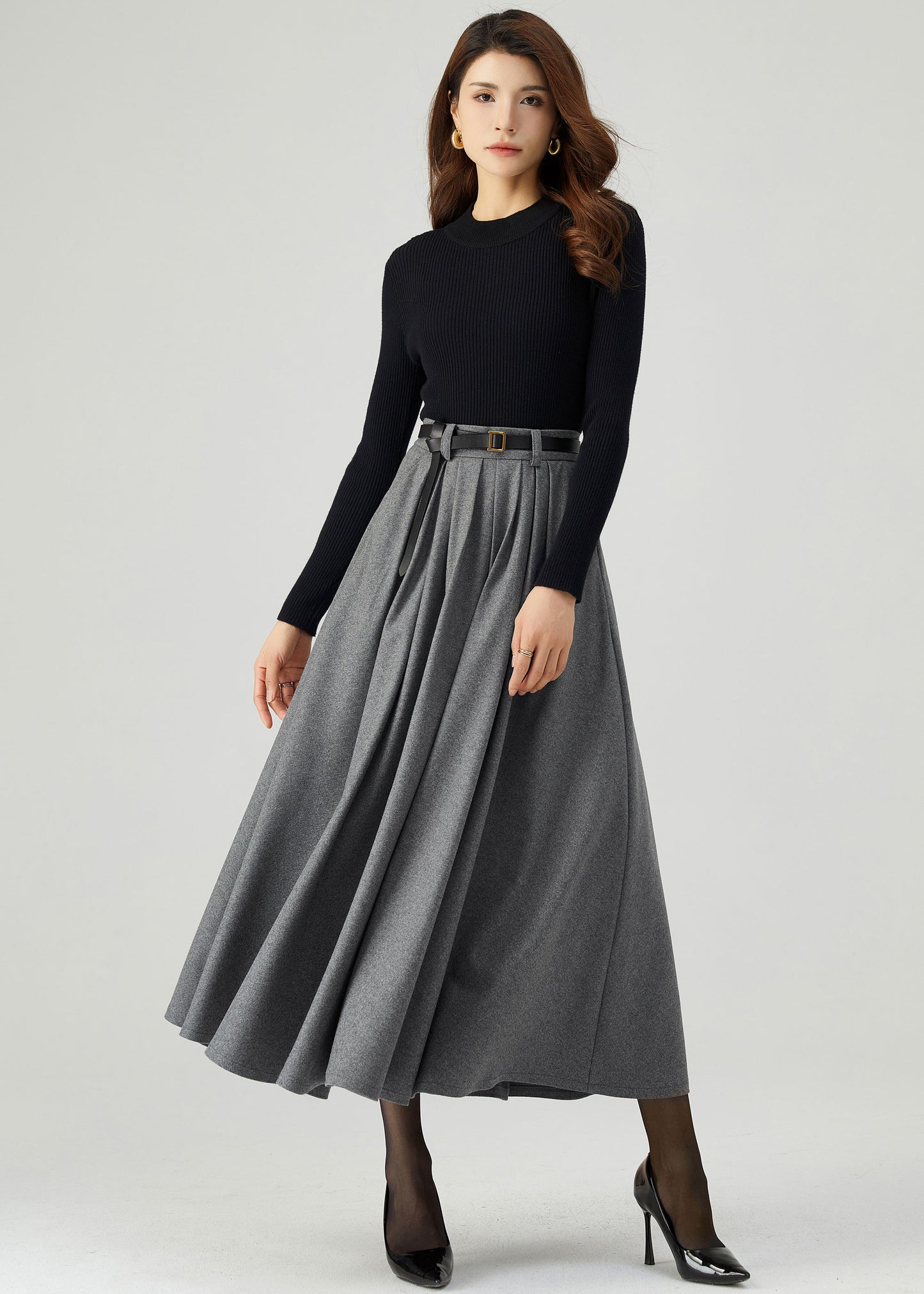 Gray Pleated Long Wool Skirt C5210