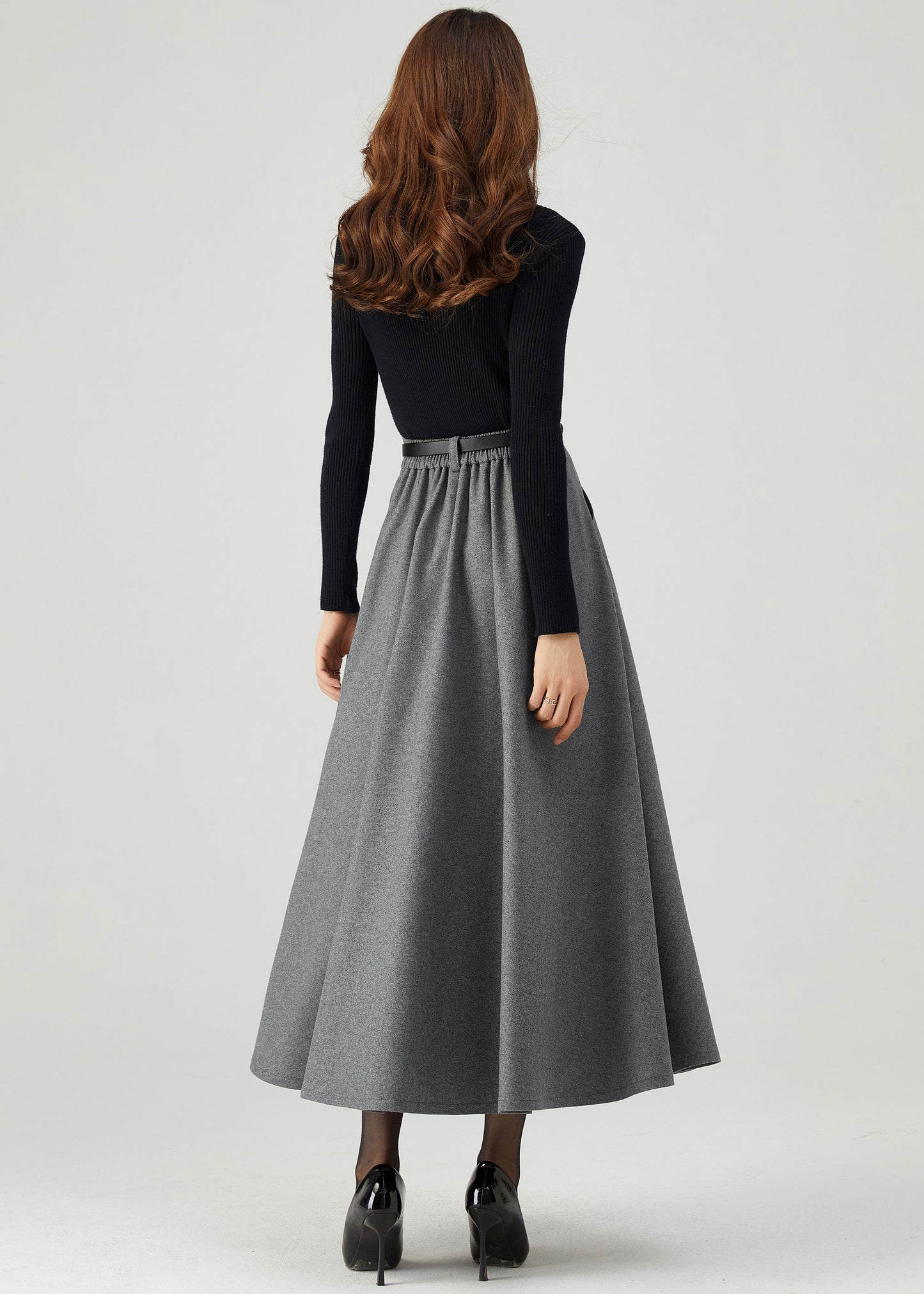 Gray Pleated Long Wool Skirt C5210