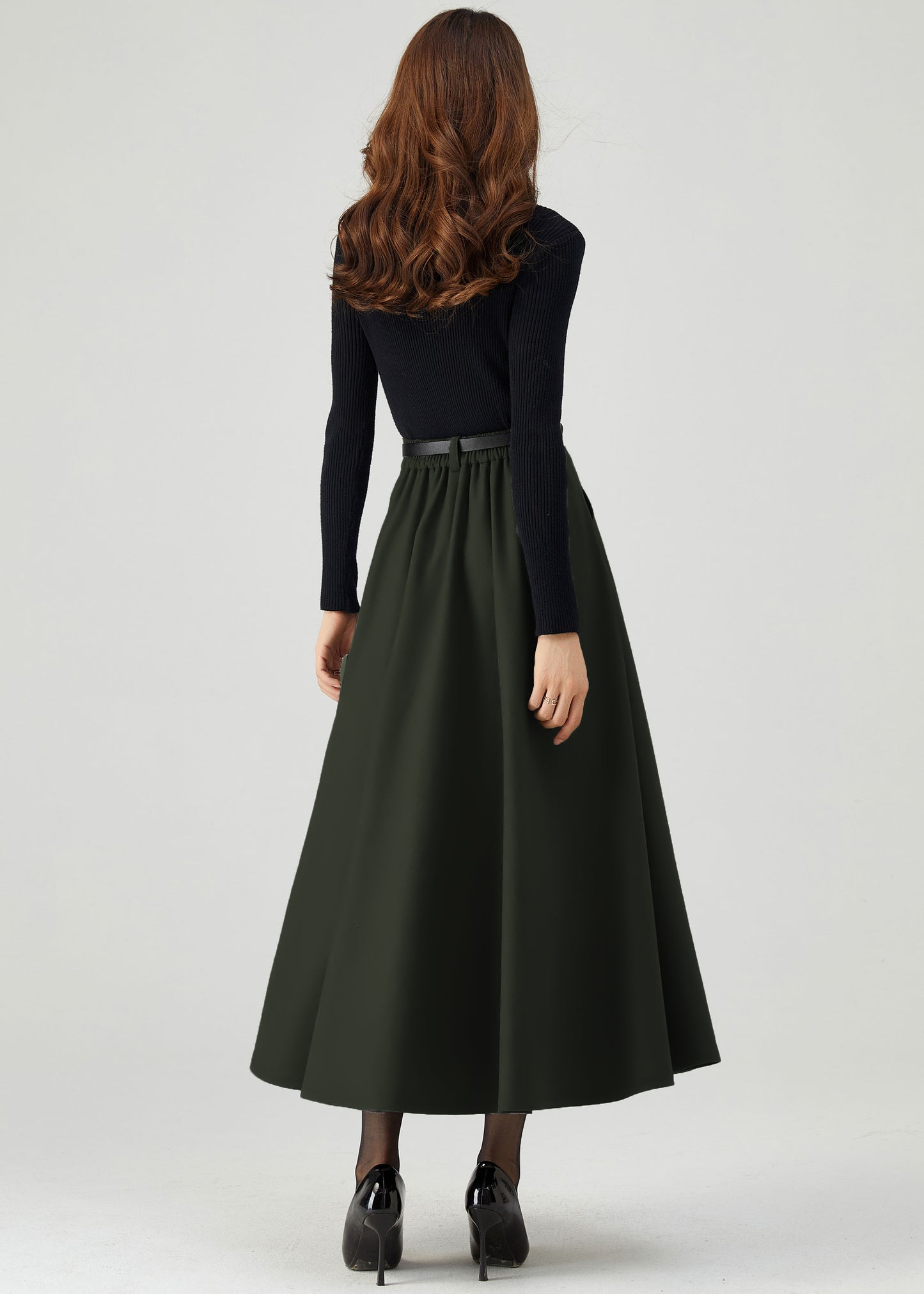 Womens Green Pleated Wool Skirt C4525