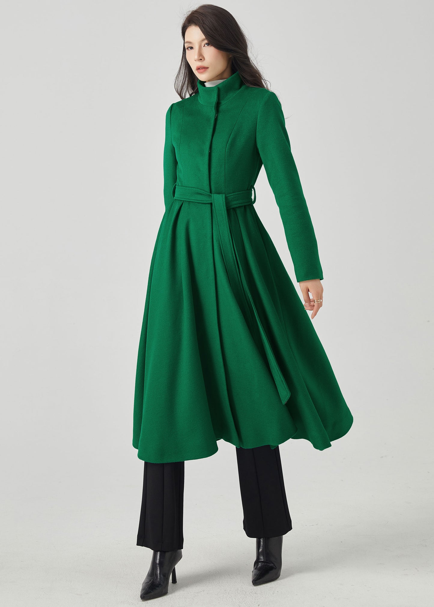 Green Wool Coat, Fit and Flare Coat, Long Wool Coat C3563