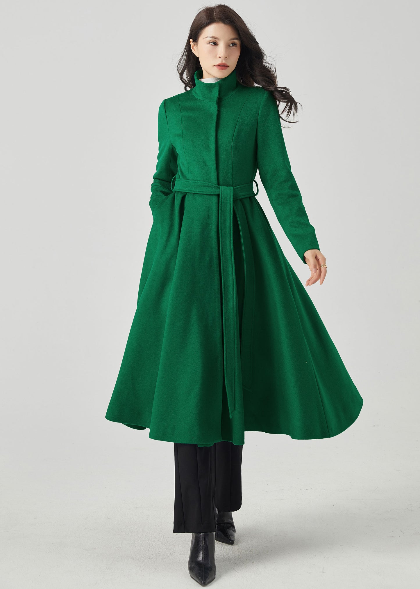 Green Wool Coat, Fit and Flare Coat, Long Wool Coat C3563