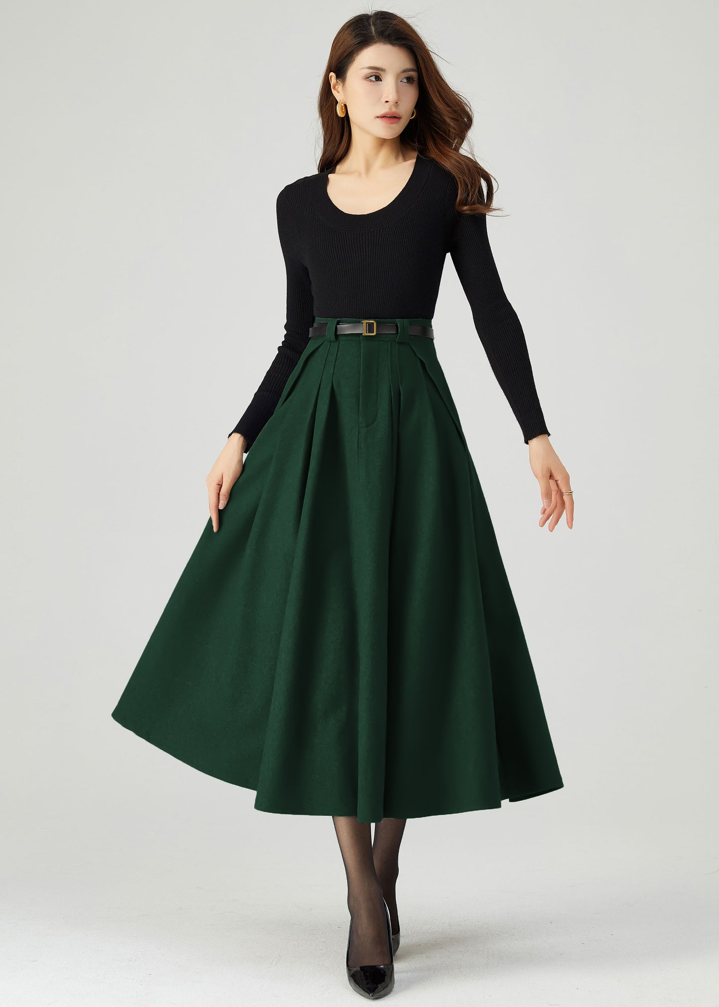 Dark Green Wool Midi Skirt Women C4514