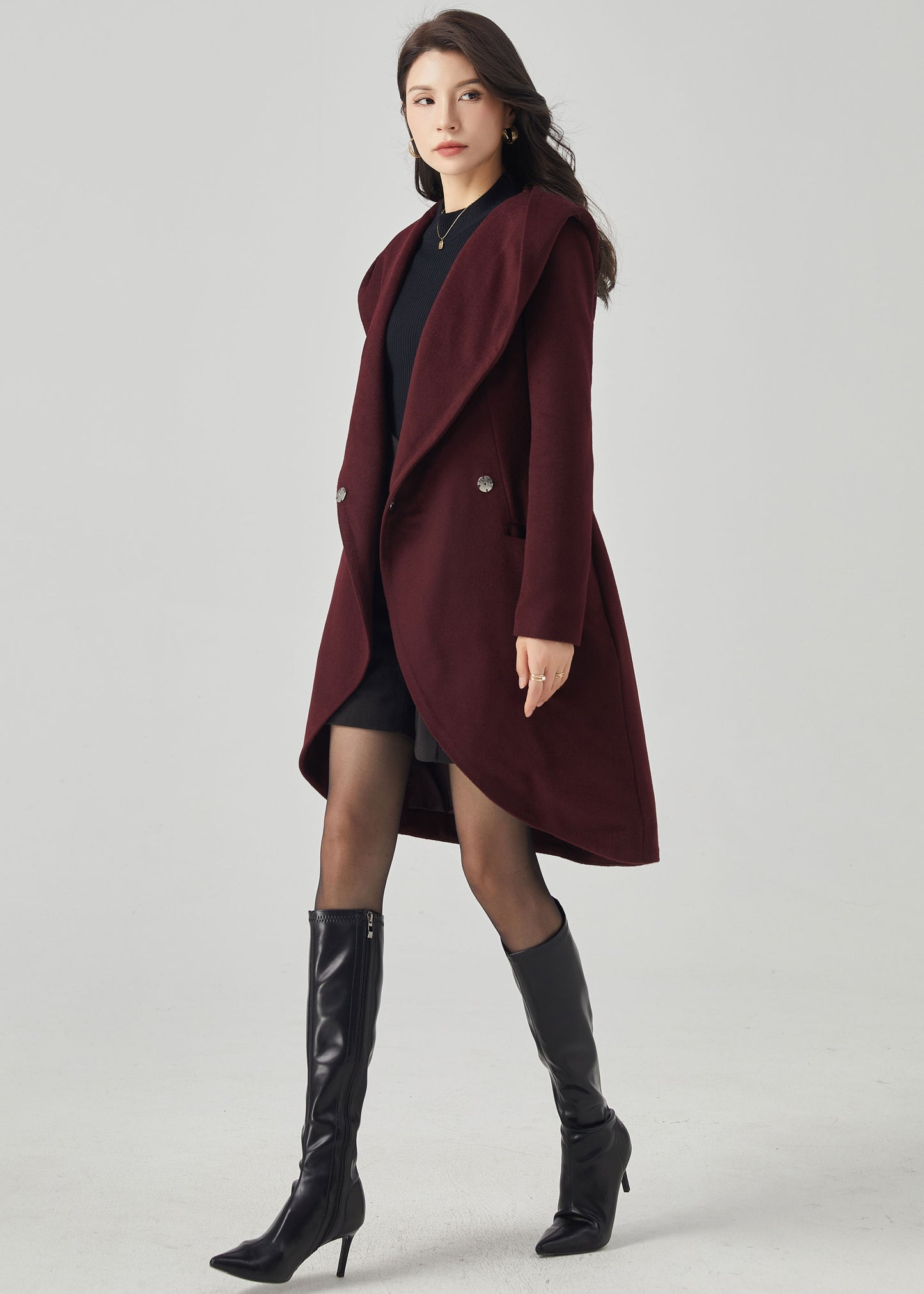 Hooded Wool Asymmetrical Wrap Coat C3567- Size M us8 #CK2301050