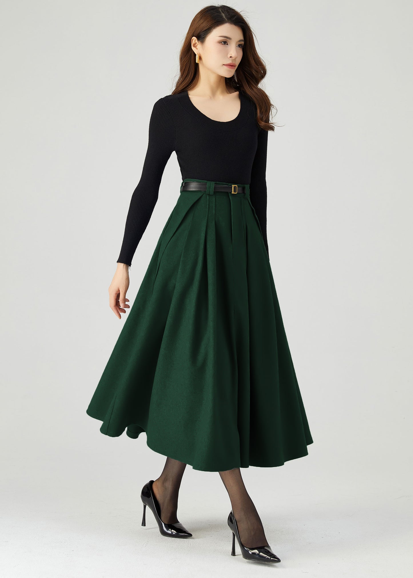 Dark Green Wool Midi Skirt Women C4514