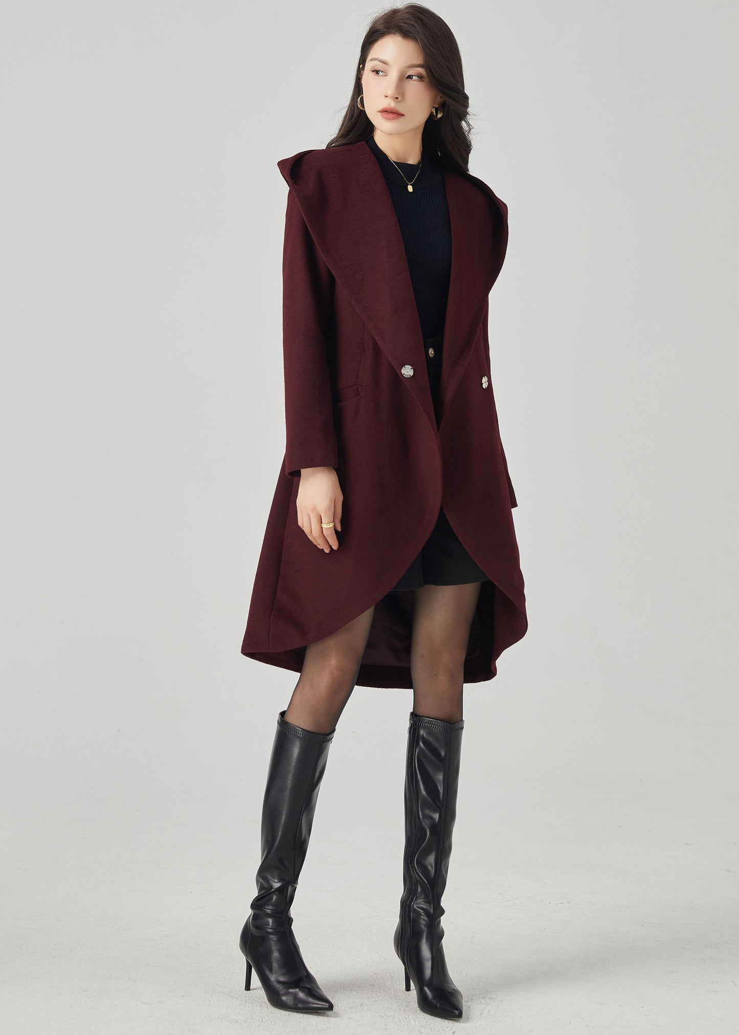 Hooded Wool Asymmetrical Wrap Coat C3567- Size M us8 #CK2301050