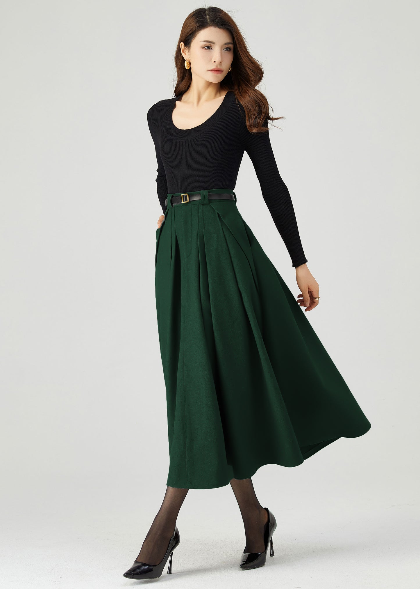 Dark Green Wool Midi Skirt Women C4514
