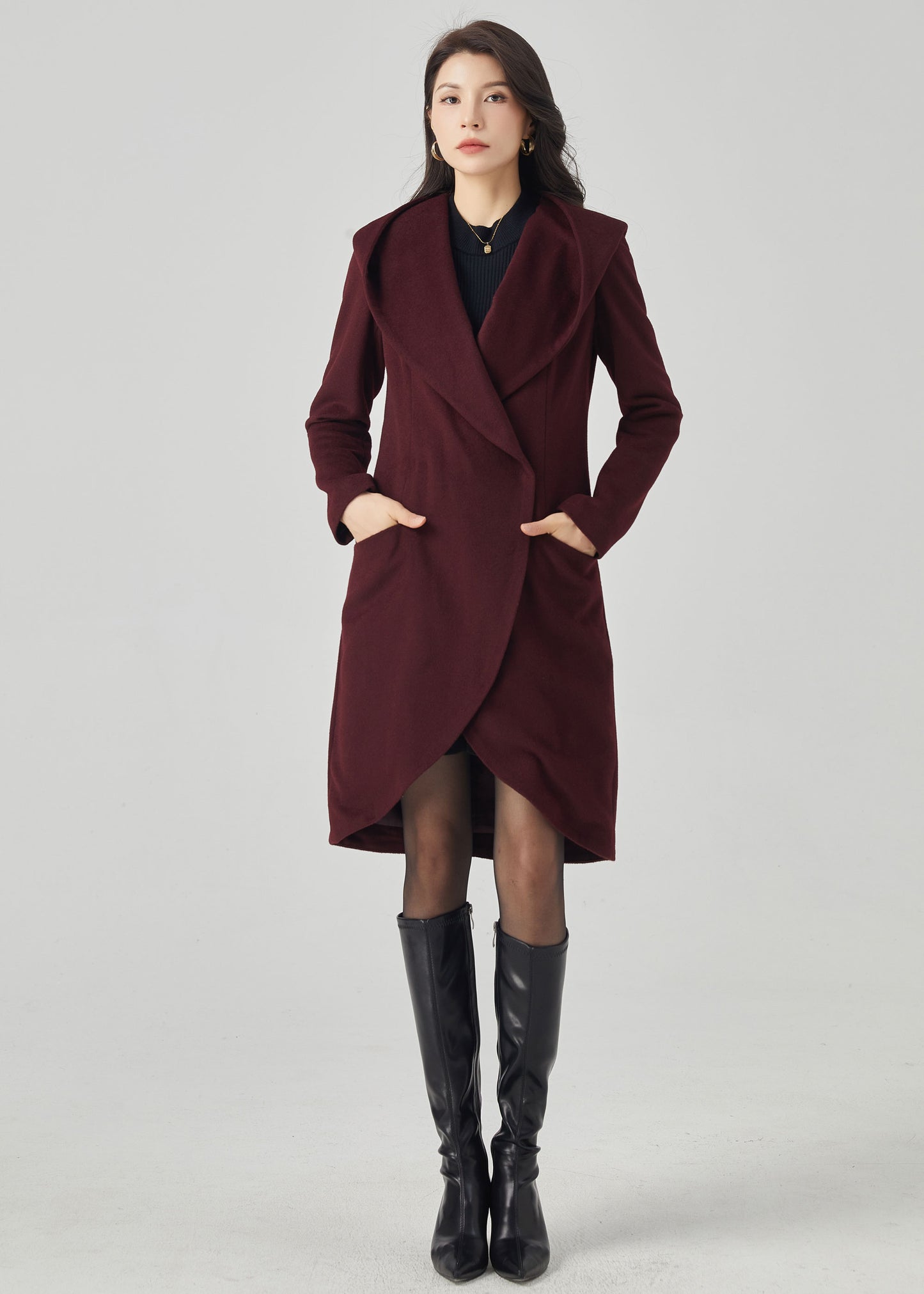 Hooded Wool Asymmetrical Wrap Coat C3567- Size M us8 #CK2301050