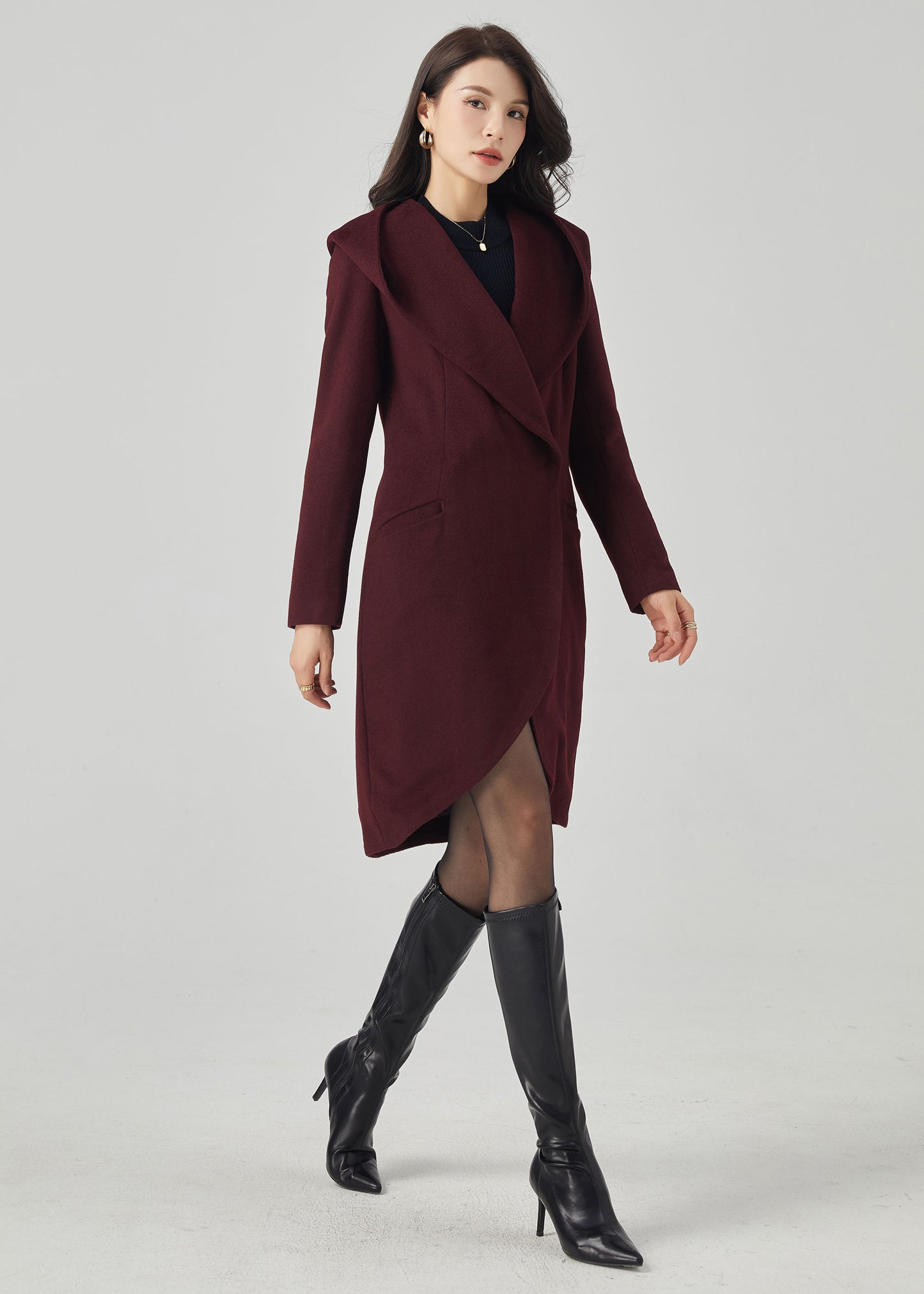 Hooded Wool Asymmetrical Wrap Coat C3567- Size M us8 #CK2301050