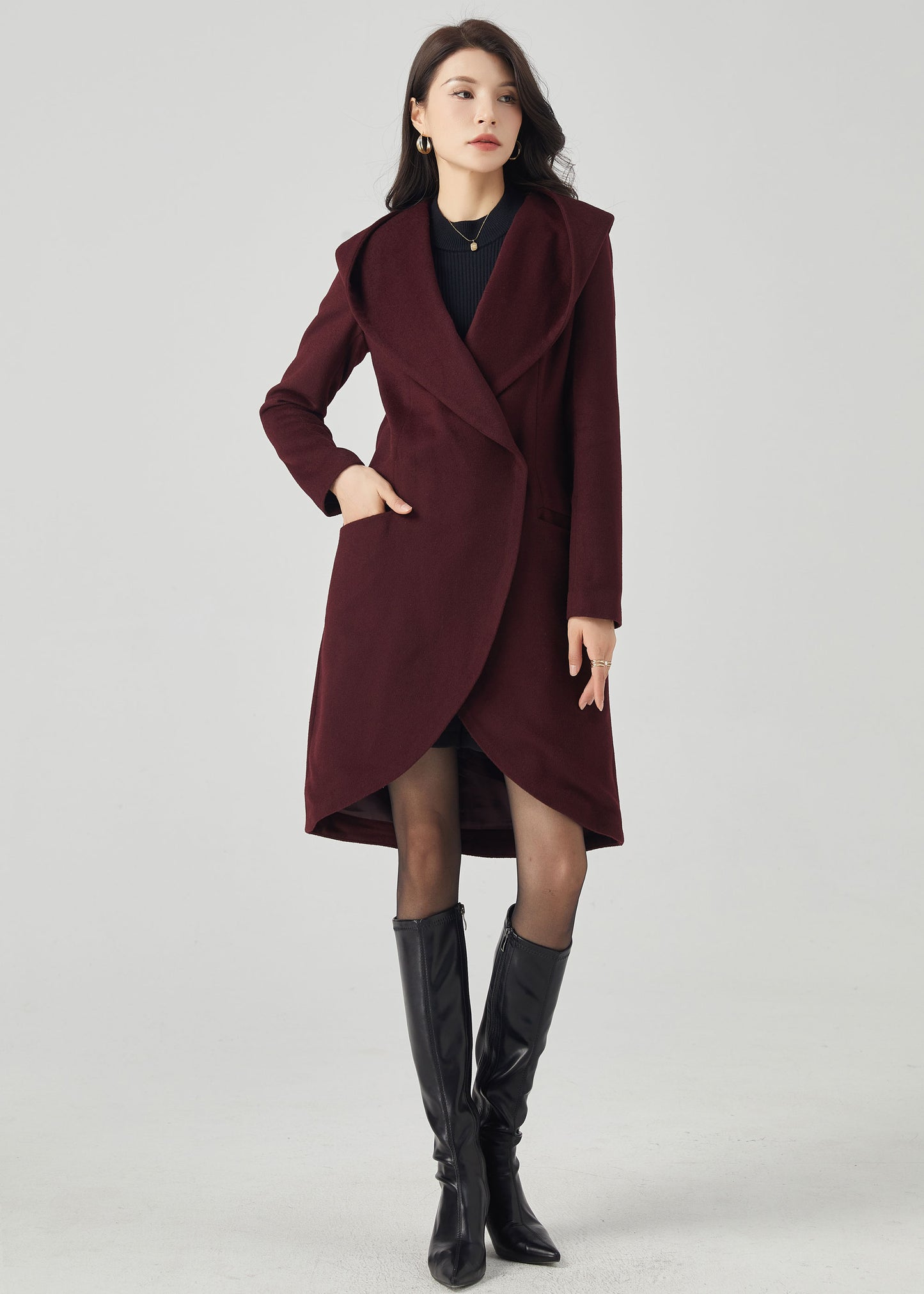 Hooded Wool Asymmetrical Wrap Coat C3567- Size M us8 #CK2301050