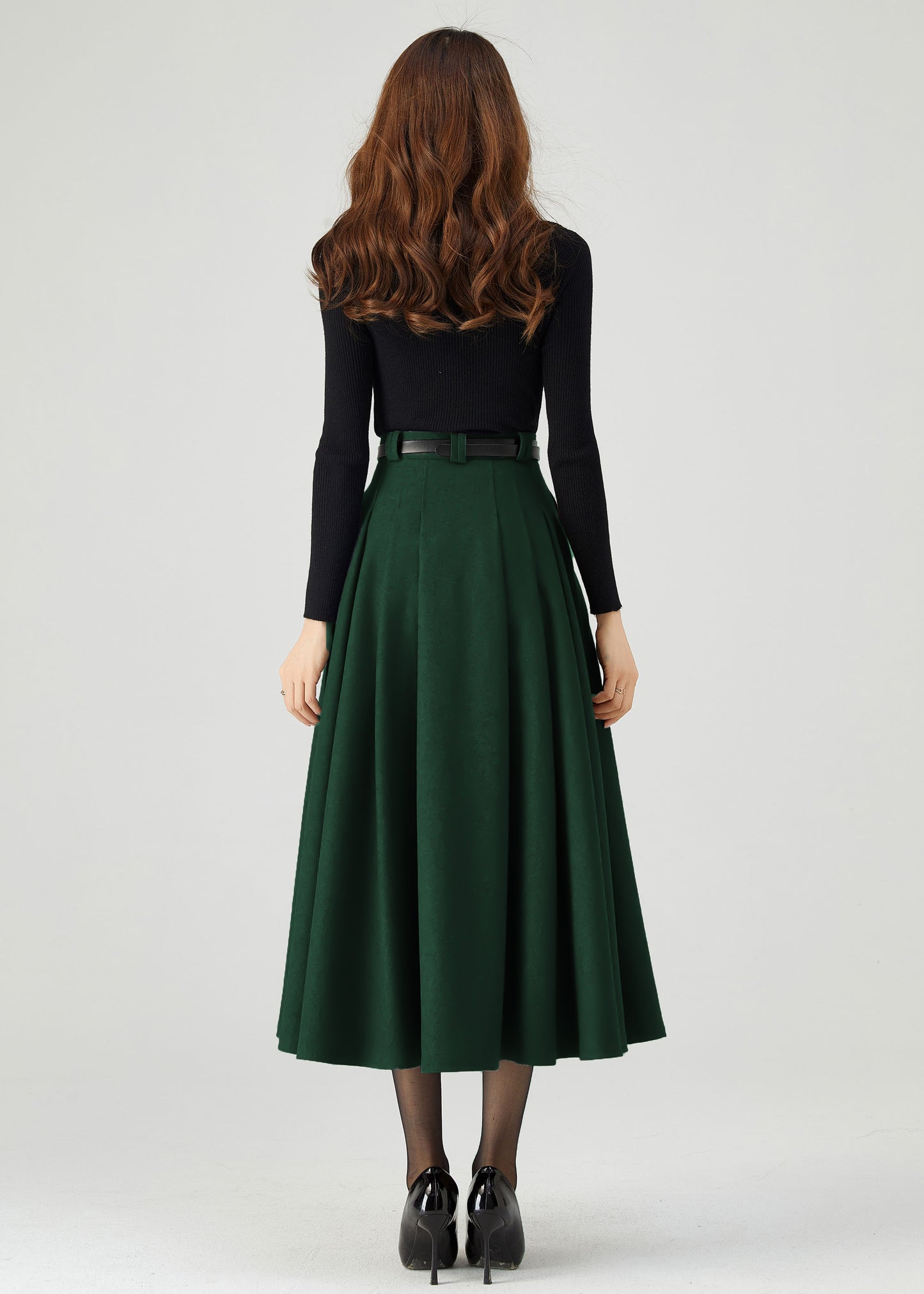 Dark Green Wool Midi Skirt Women C4514