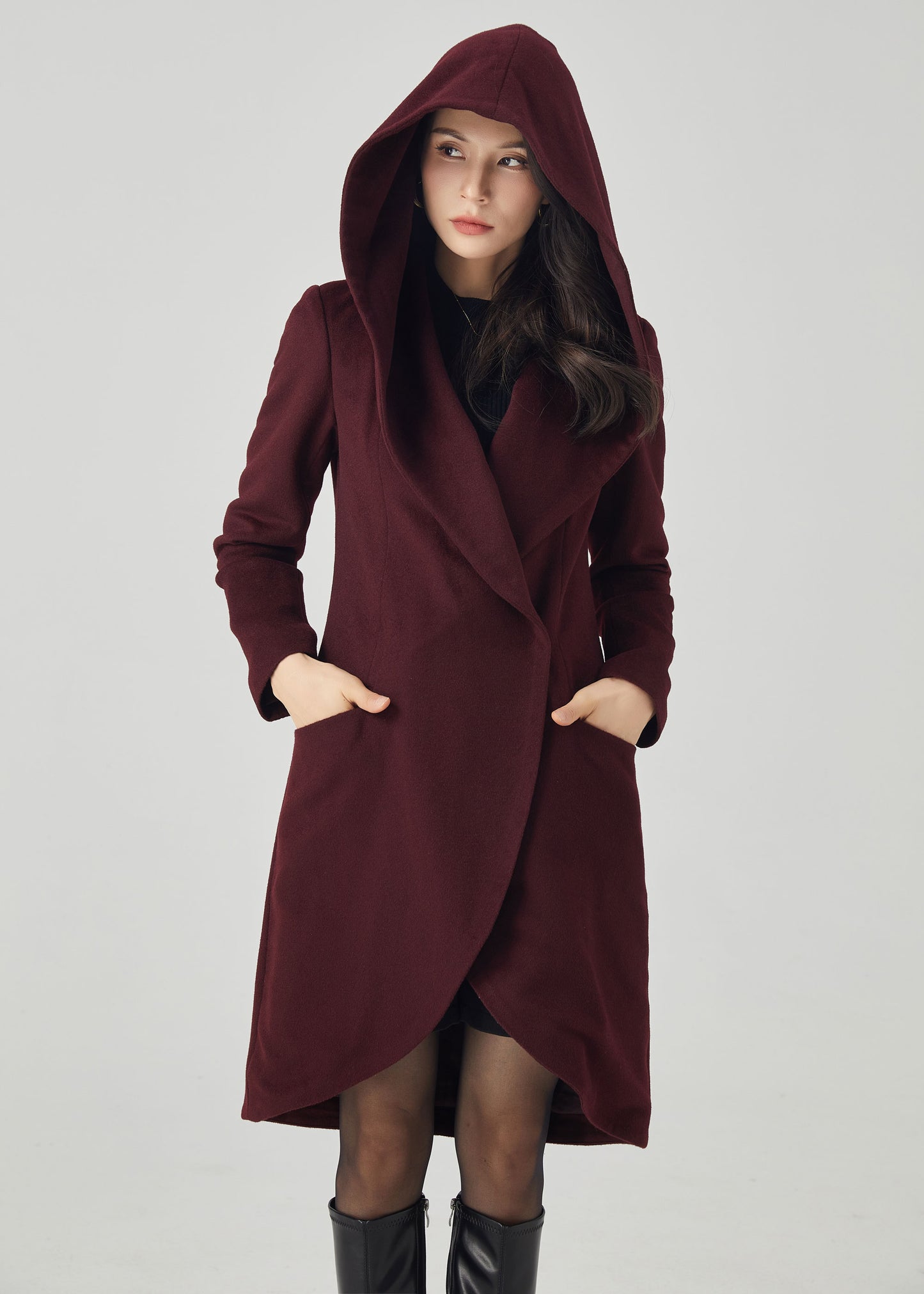 Hooded Wool Asymmetrical Wrap Coat C3567- Size M us8 #CK2301050