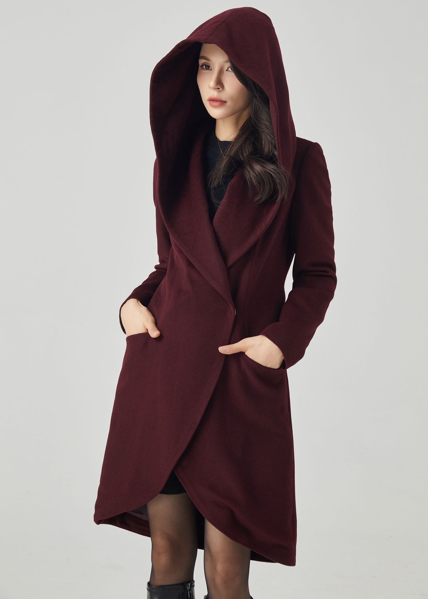 Hooded Wool Asymmetrical Wrap Coat C3567- Size M us8 #CK2301050