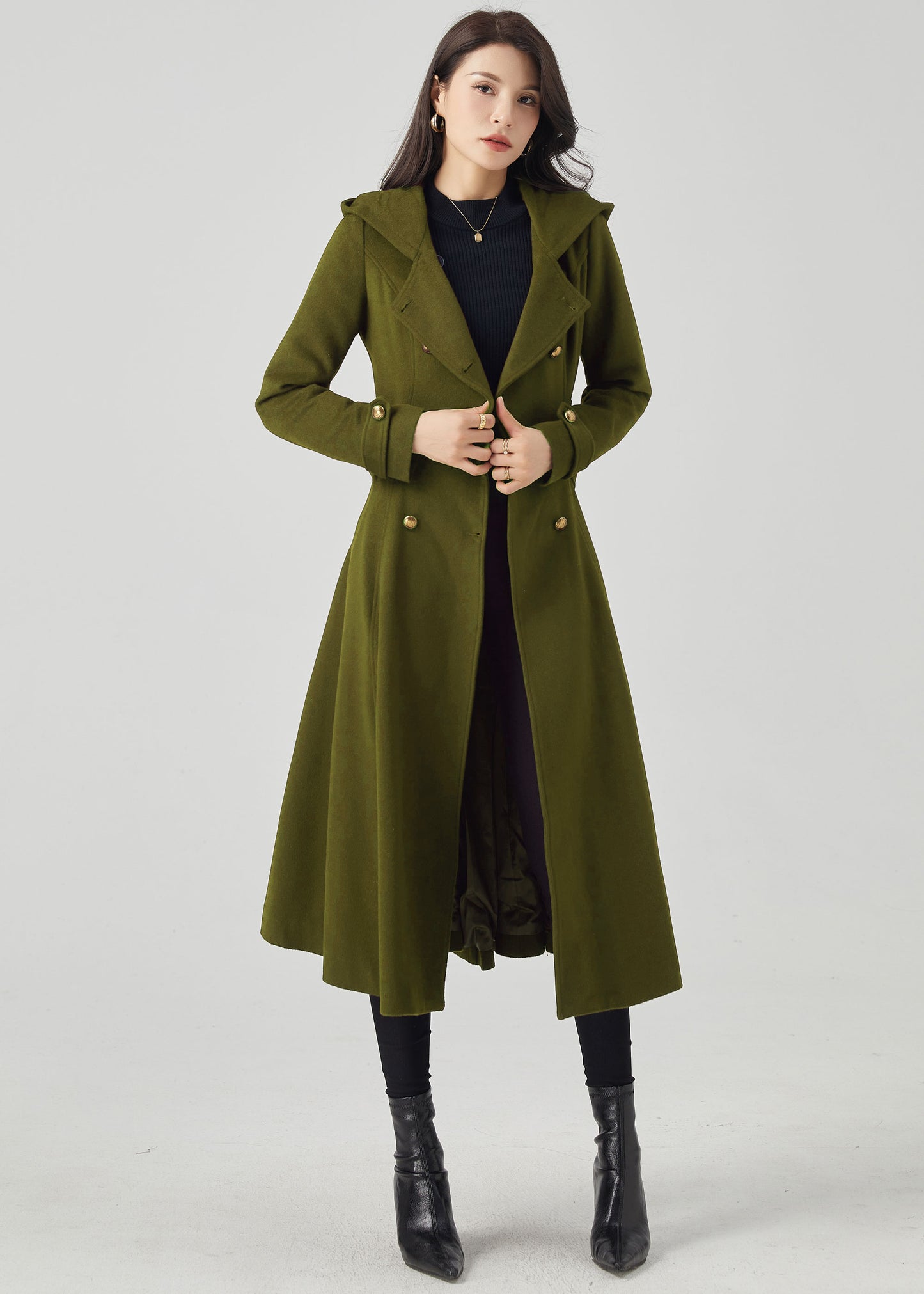 Army Green Double Breasted Hooded Wool Coat C4515