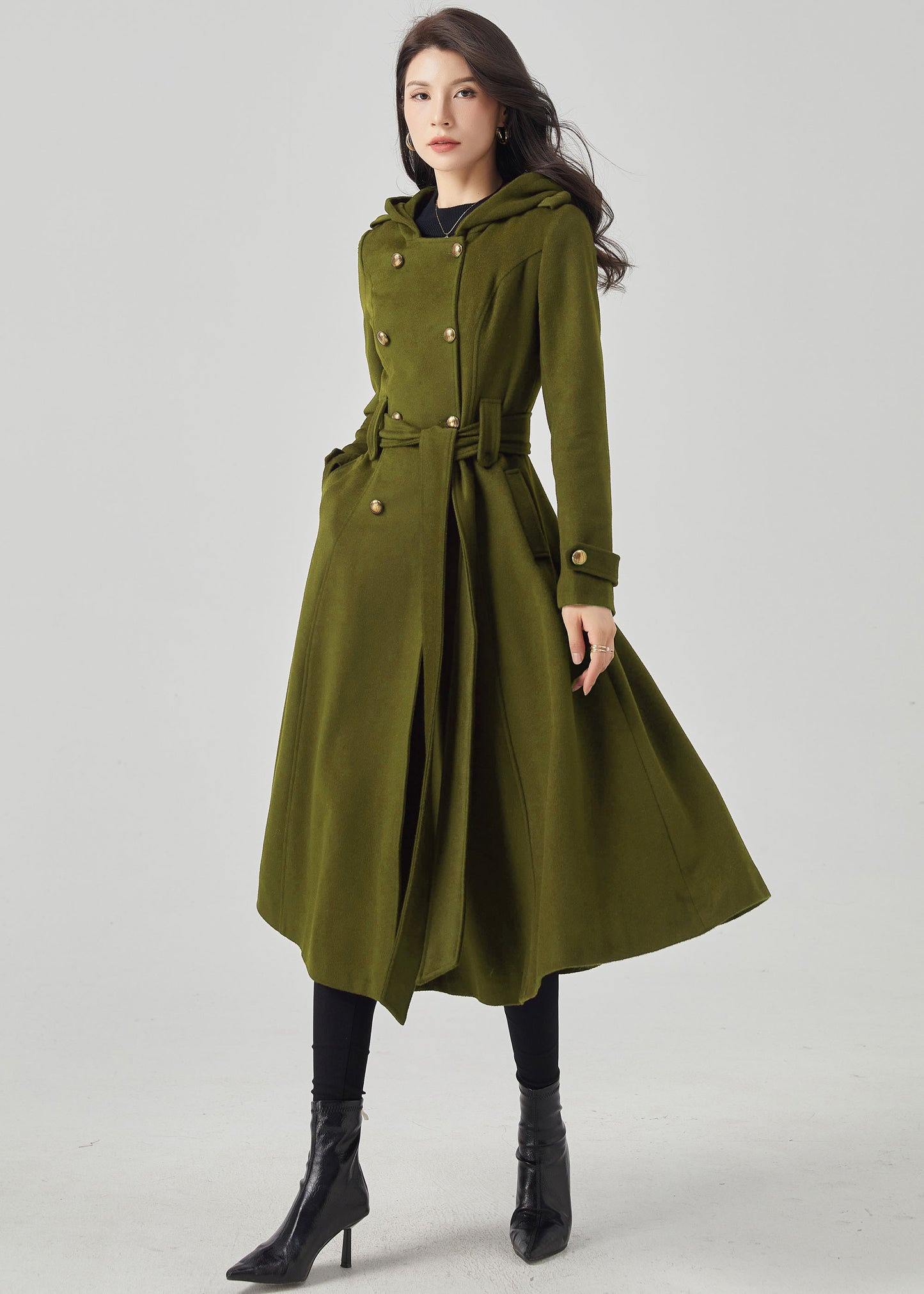 Army Green Double Breasted Hooded Wool Coat C4515