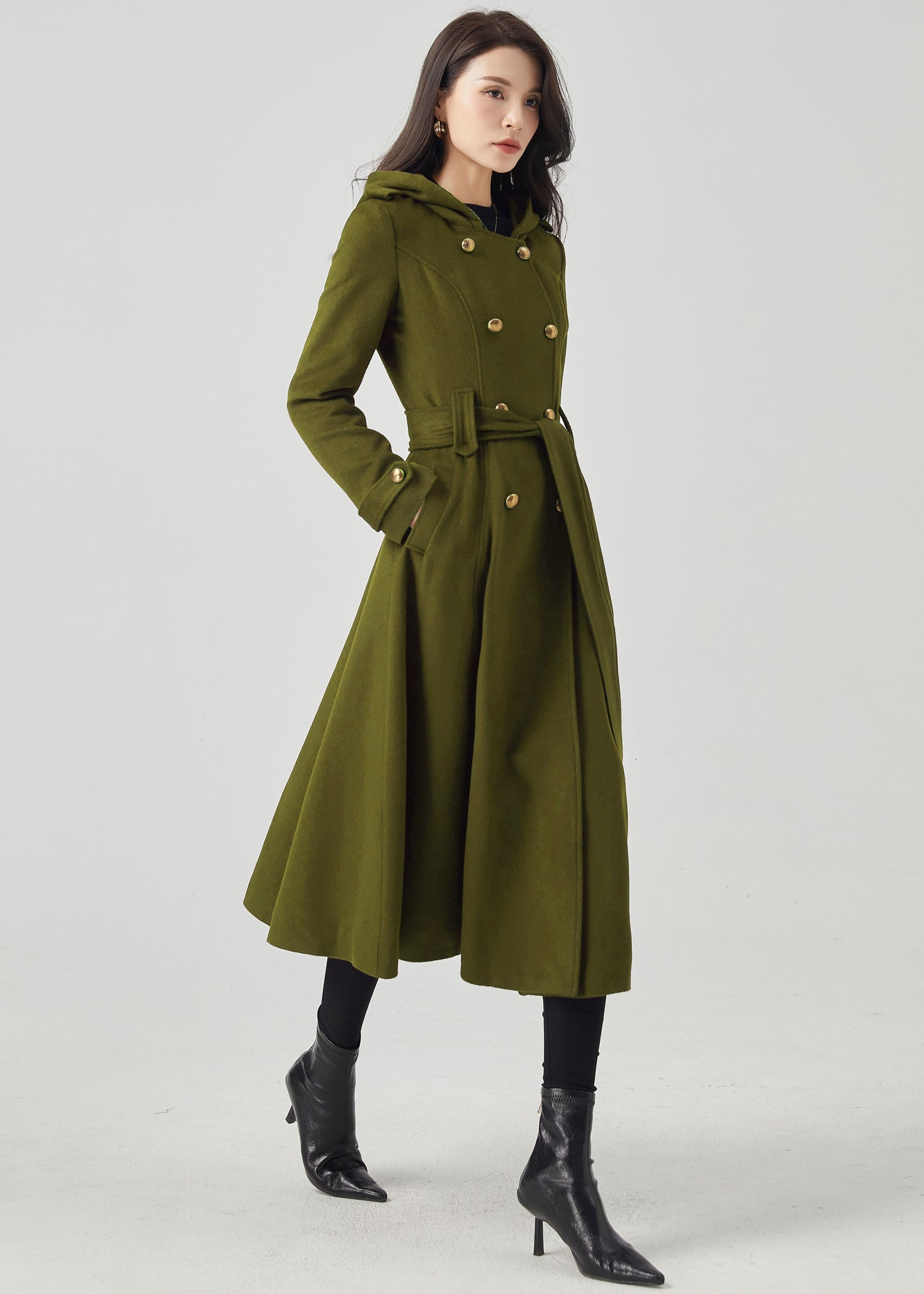 Army Green Double Breasted Hooded Wool Coat C4515