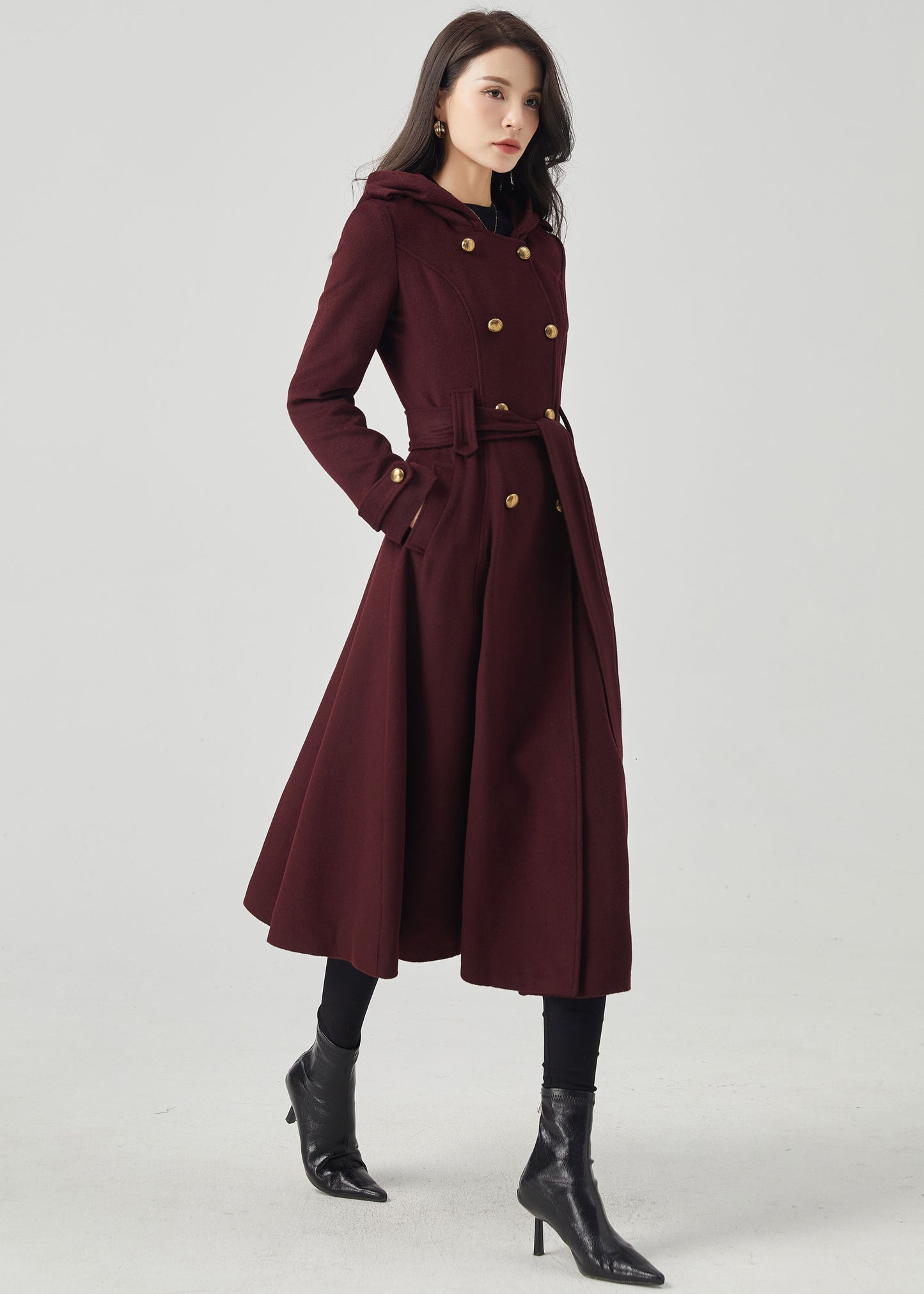 Double Breasted Hooded Wool Coat C3569