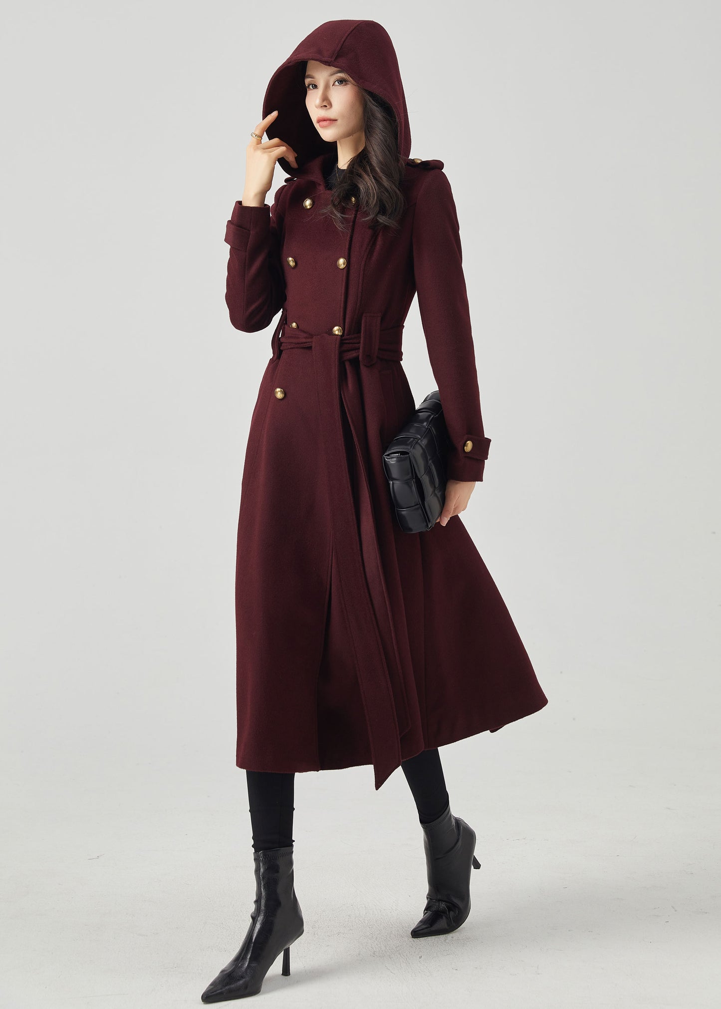 Double Breasted Hooded Wool Coat C3569