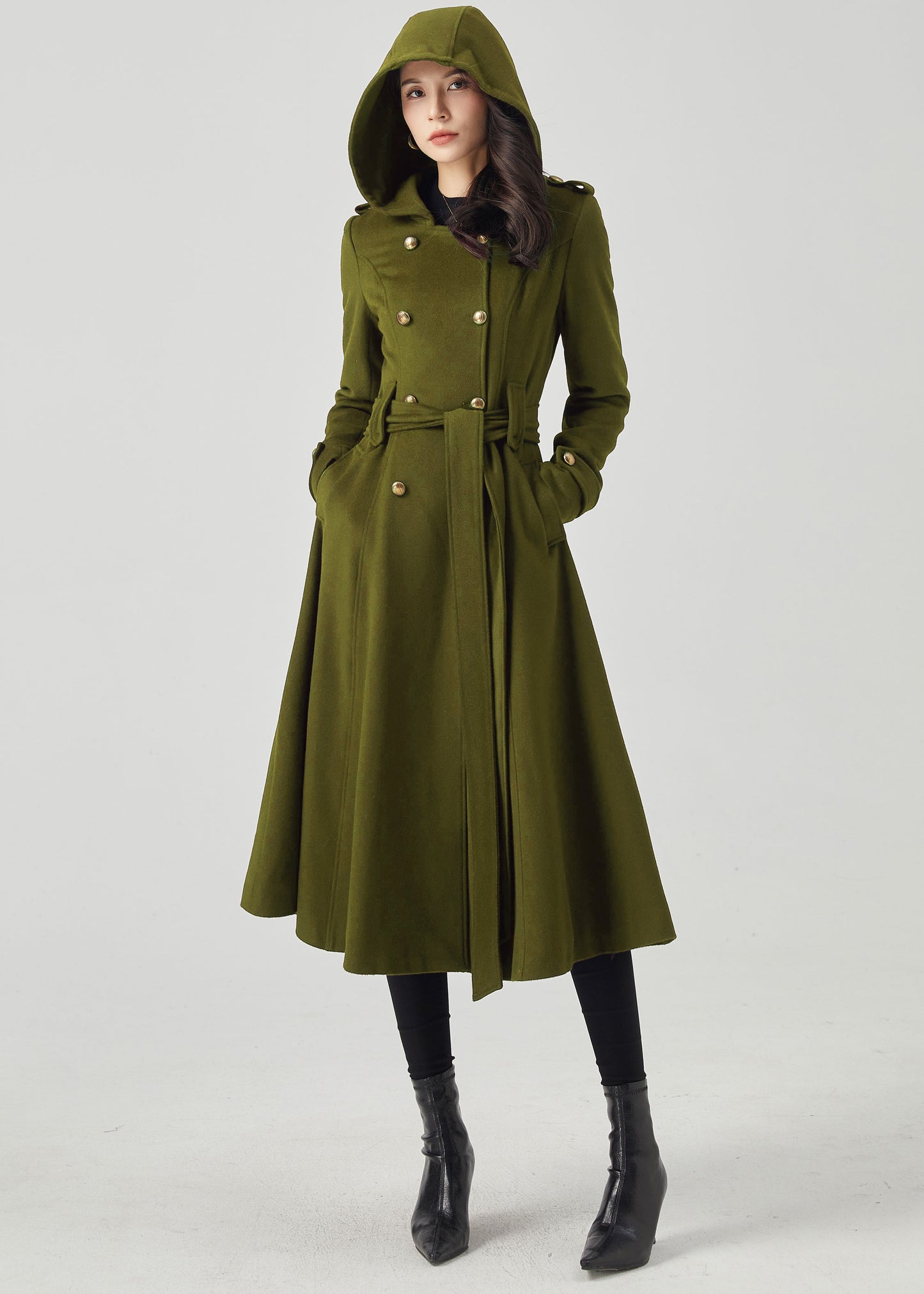 Army Green Double Breasted Hooded Wool Coat C4515