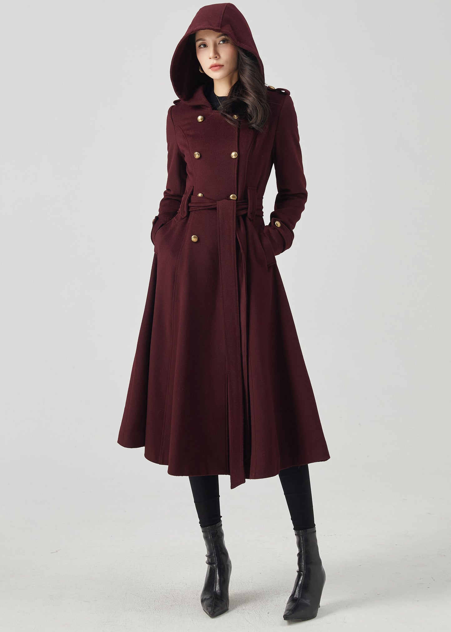 Double Breasted Hooded Wool Coat C3569