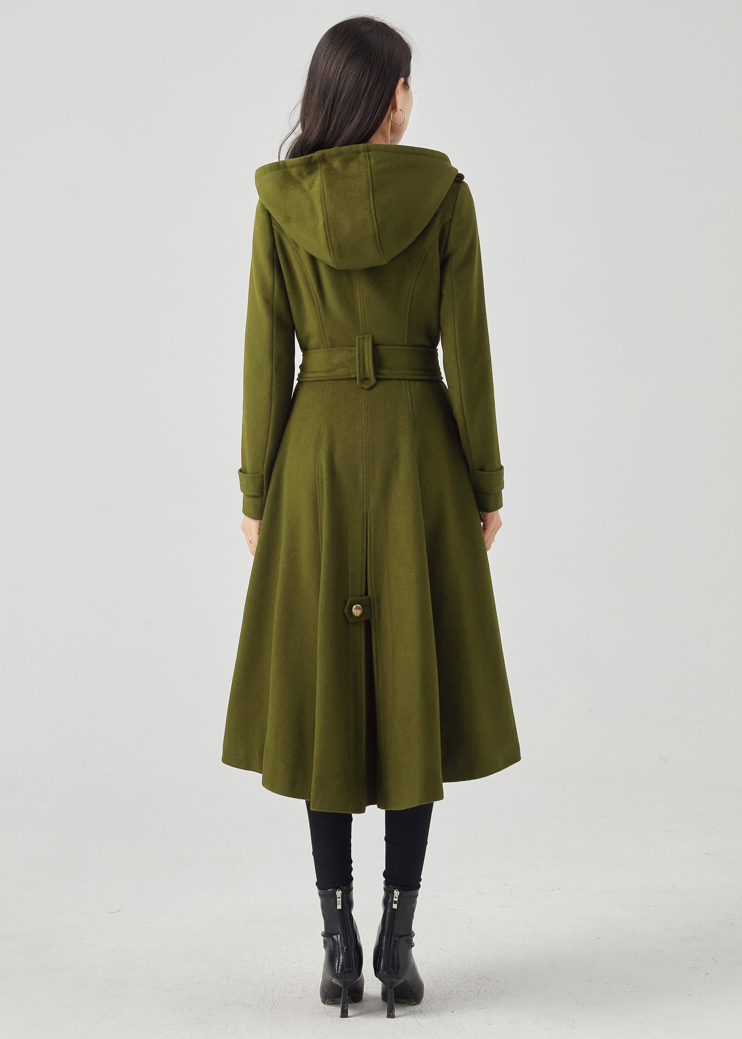 Army Green Double Breasted Hooded Wool Coat C4515