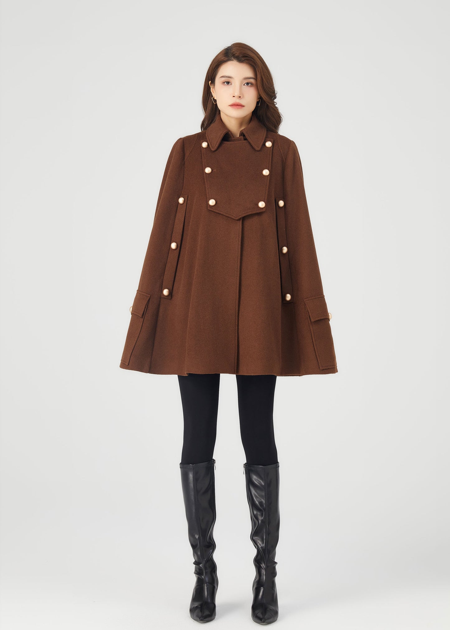 Brown winter wool cape coat women C3685