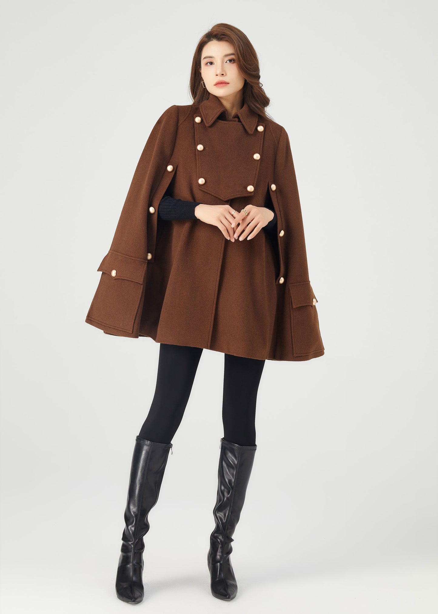 Brown winter wool cape coat women C3685