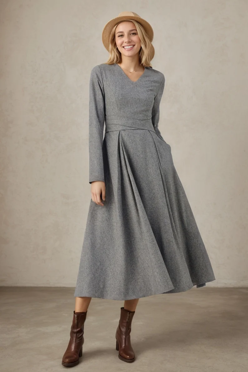 Winter Grey Wool Dress C3679 YLISTYLE Winter Grey Wool Dress C3679 YLISTYLE