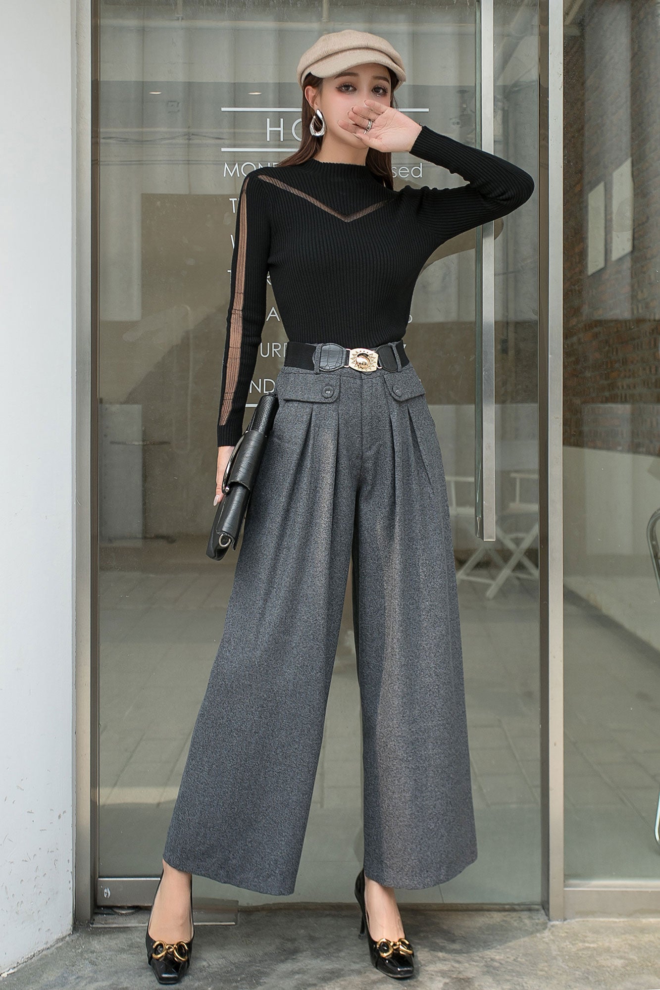 Gray Wool Wide Leg pant C2538- Size M #CK2101501