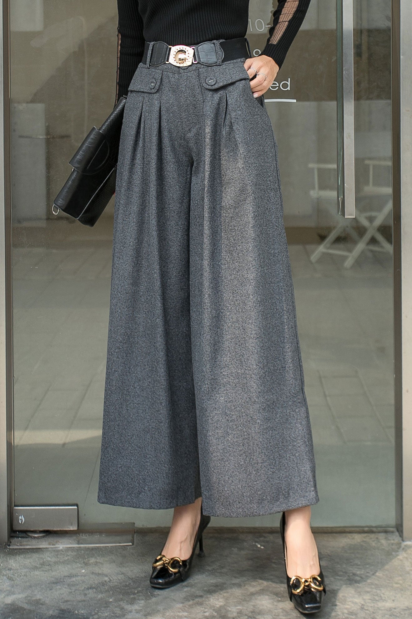Gray Wool Wide Leg pant C2538- Size M #CK2101501