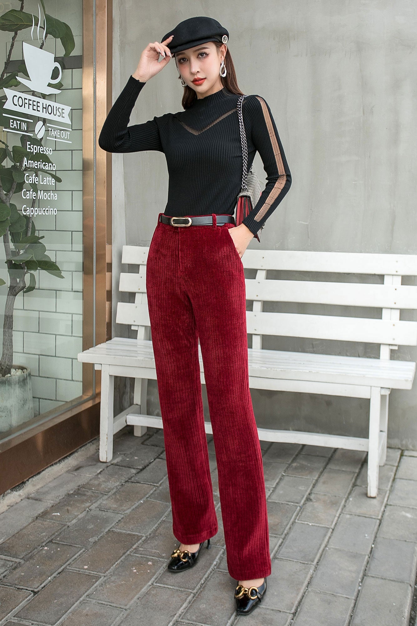 Red Corduroy Pants, High waist Long Corduroy Pants C2547,Size M #CK2101481