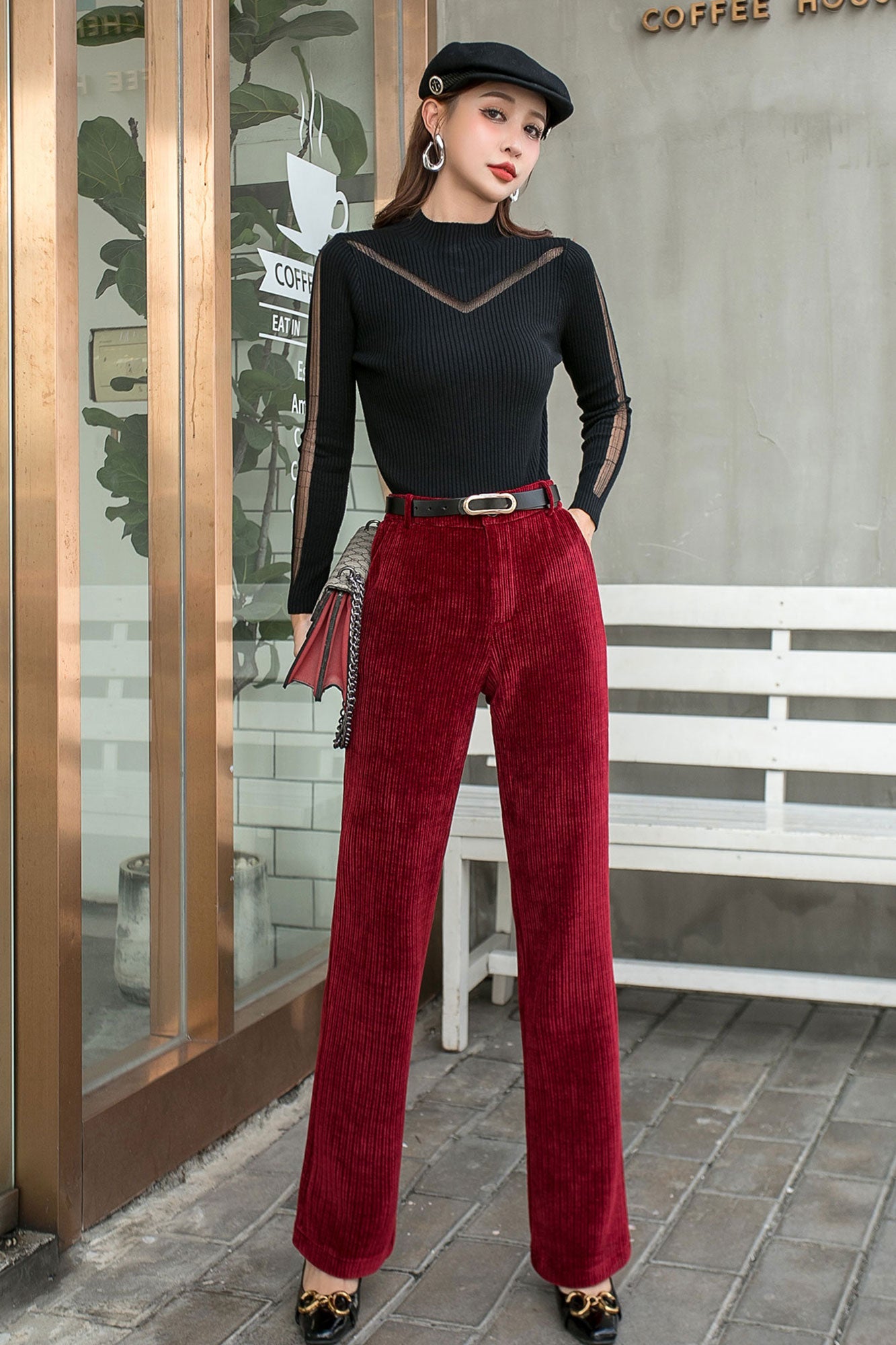 Red Corduroy Pants, High waist Long Corduroy Pants C2547,Size M #CK2101481