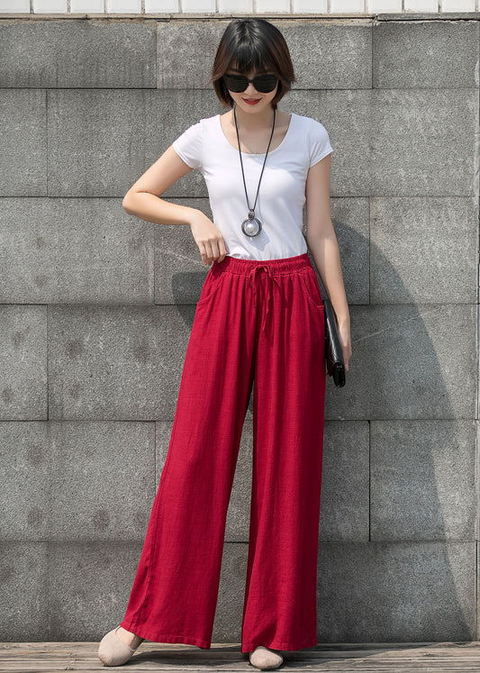 Red Linen Blend Wide Leg Pants - Elastic Waist Comfort c2757
