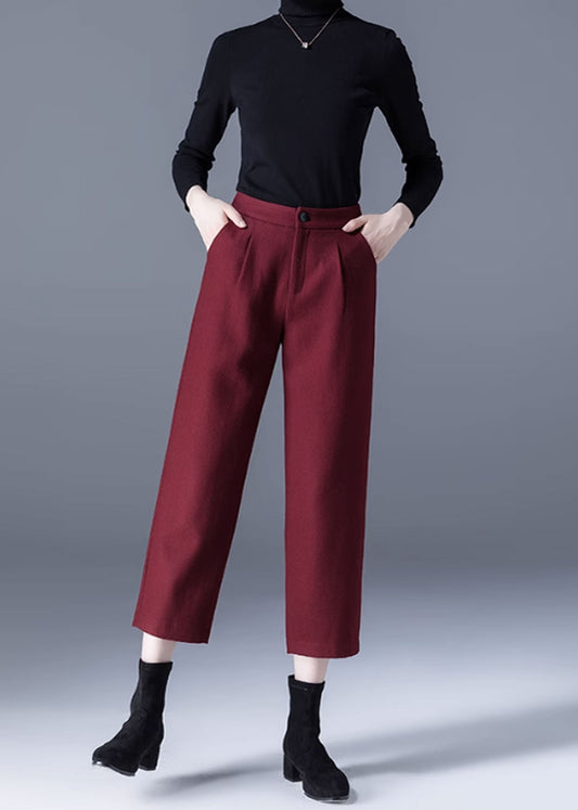 Black Wool Wide Leg Pants - Midi Length, Winter Warmth C3518