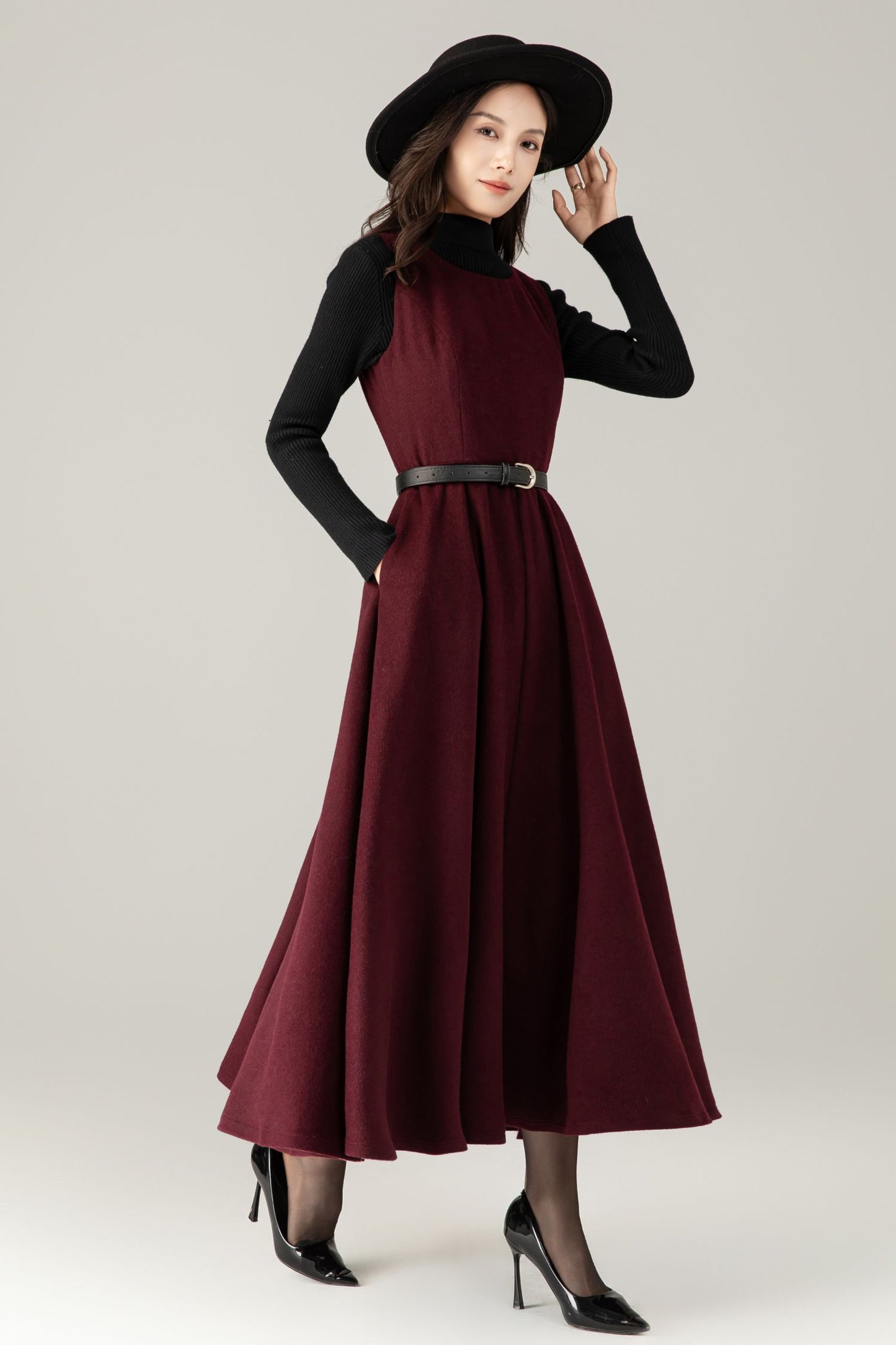 Burgundy Wool maxi Dress: Sleeveless A-Line Swing Jumper, Ylistyle C5239