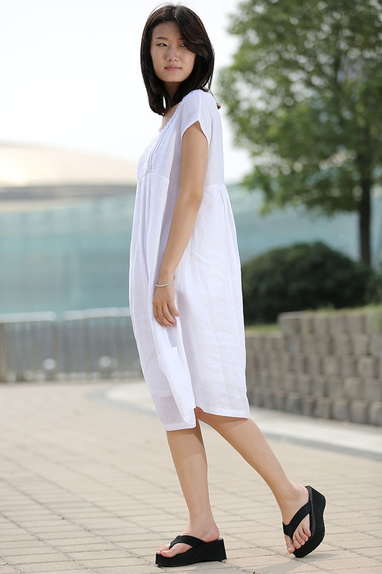 White Cotton Loose-Fitting Midi Length Summer Floaty Dress C260