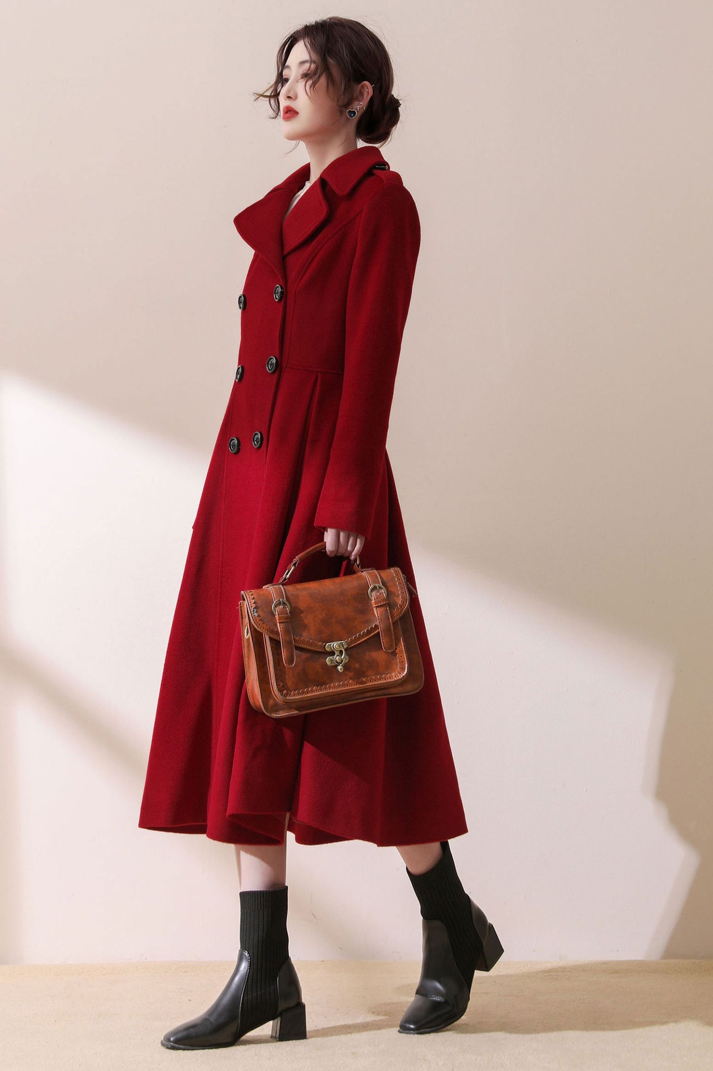 Burgundy Winter Swing Wool Coat C1792