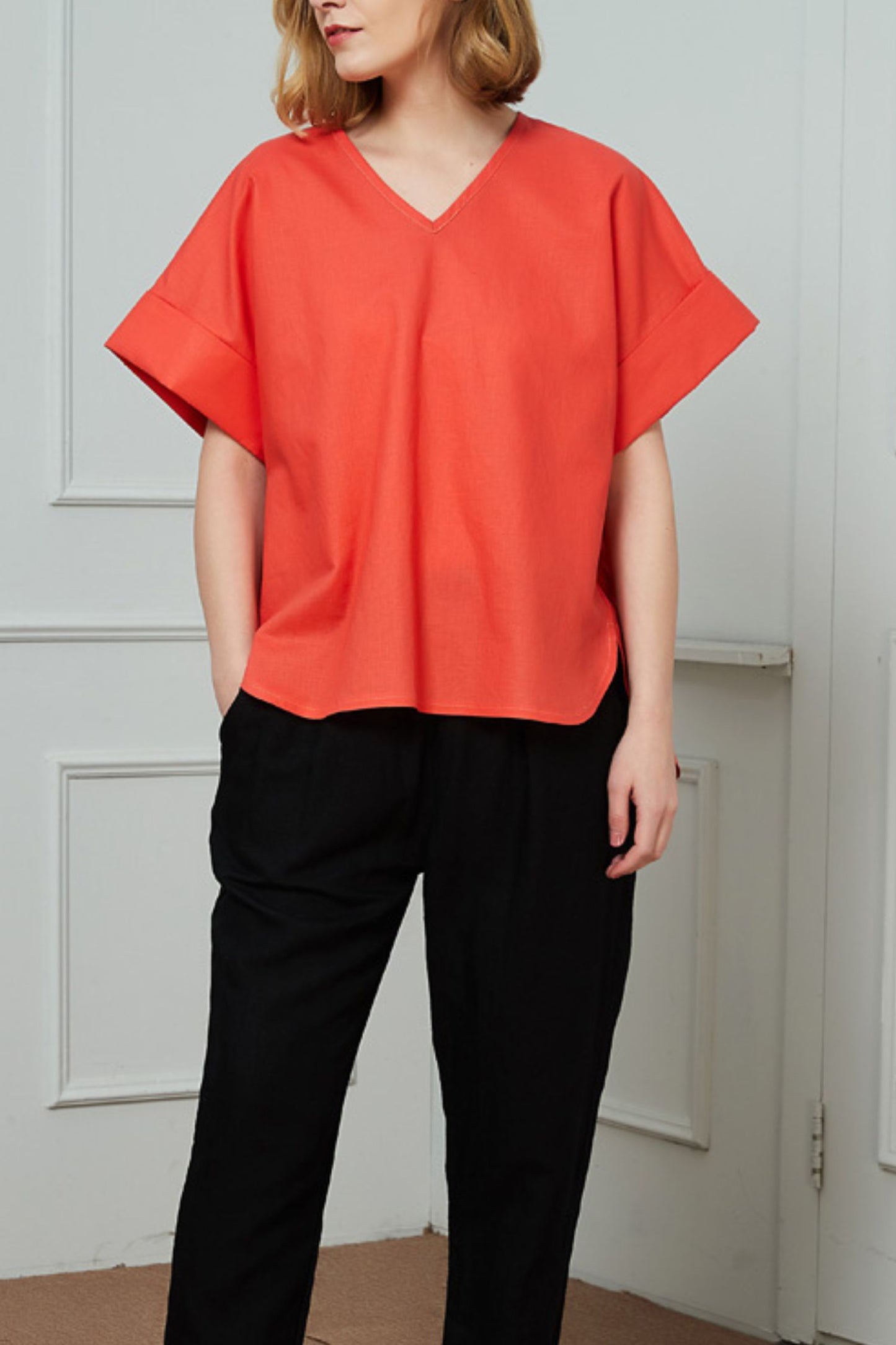 Women's Casual Orange Linen Tops C1467